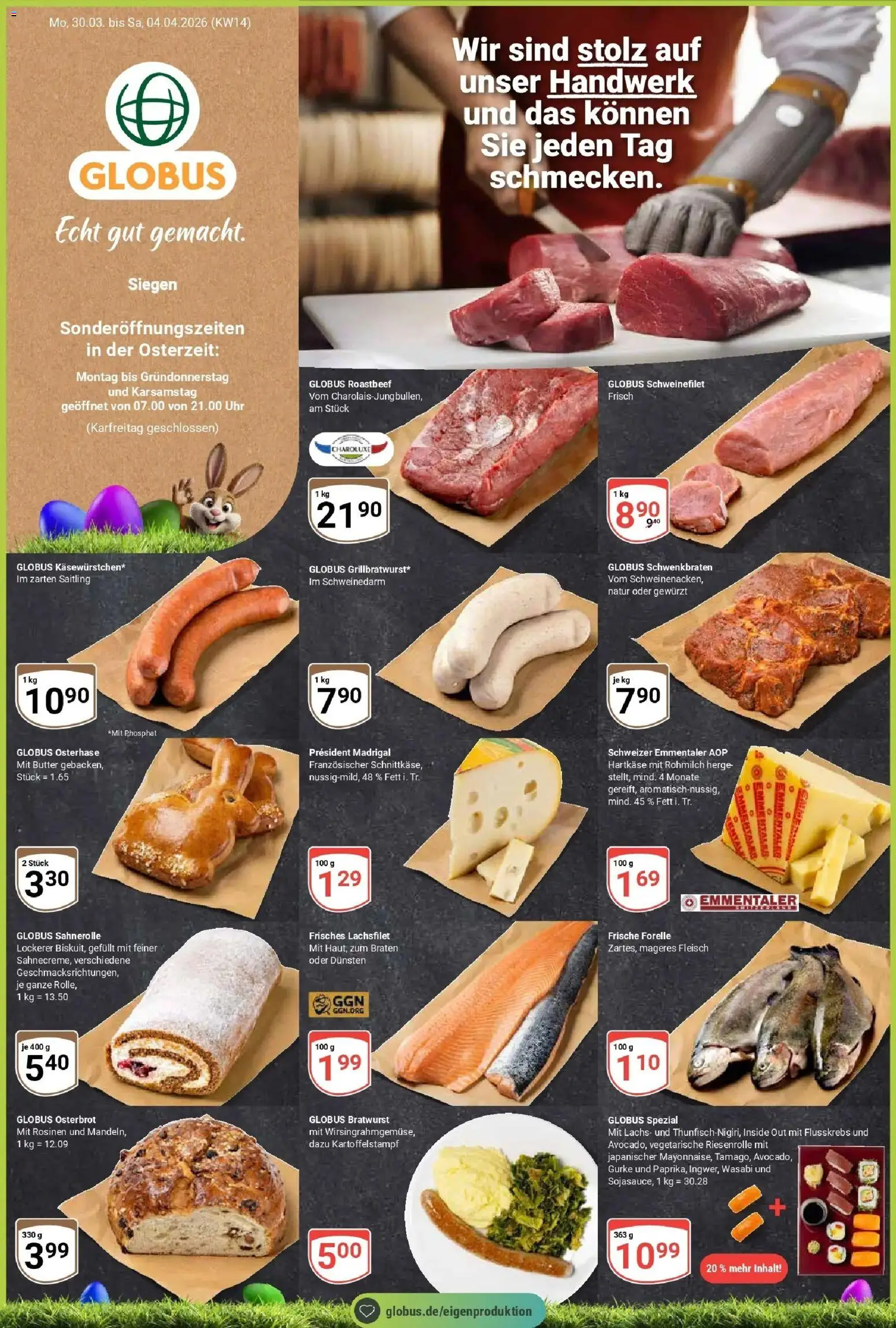 Vorschau von dem Prospekt des Geschäftes Globus, gültig ab dem 30.03.2026 - Uhr, Butter, Bratwurst, Lachs, Roastbeef, Fleisch, Schweinefilet, Rosinen