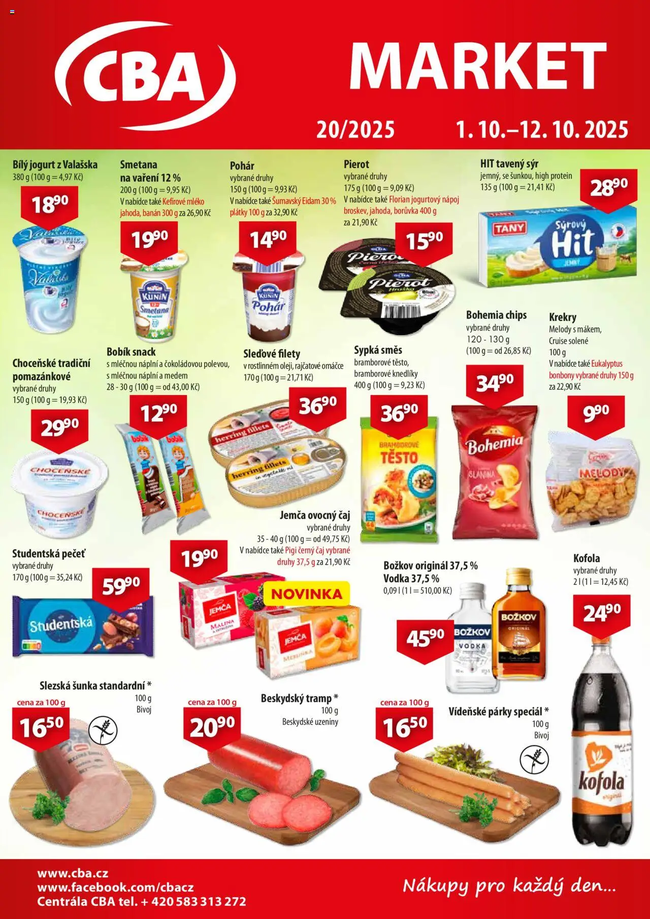 CBA Leták - Market (01.10.2025 - 12.10.2025) - Eukalyptus, Vodka, Jogurt, Slanina, Krekry, Bonbóny, Vídeňské párky, Jogurtový nápoj