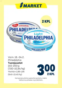 Kaupan S-market Tarjoukset Philadelphia Tuorejuustot esikatselu, voimassa 18/02/2026