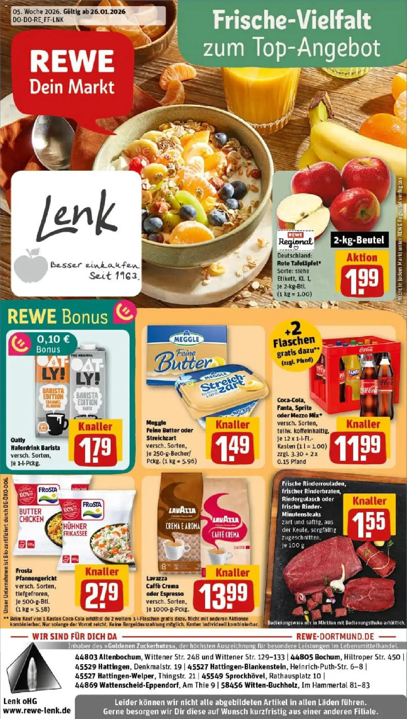 Vorschau von dem Prospekt des Geschäftes Rewe, gültig ab dem 26.01.2026 - Butter, Rindergulasch, Lavazza, Frosta, Sprite, Oatly, Haferdrink