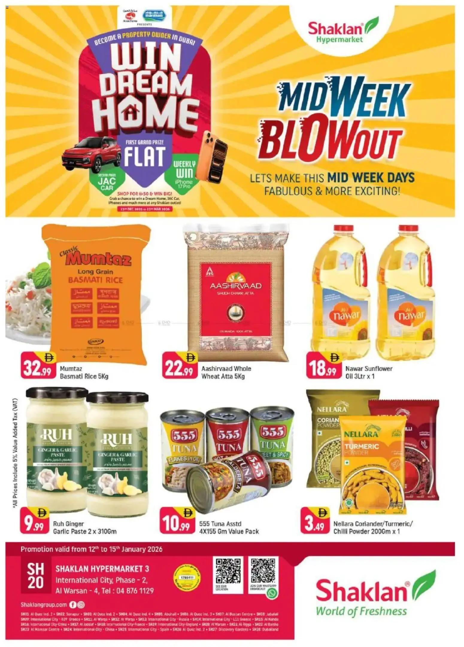 Preview of the catalogue Midweek Blow Out - Al Warsan of store Shaklan valid from 12 Jan, 2026 - Oil, Rice, Garlic, Tuna, Chilli, Powder, Flakes