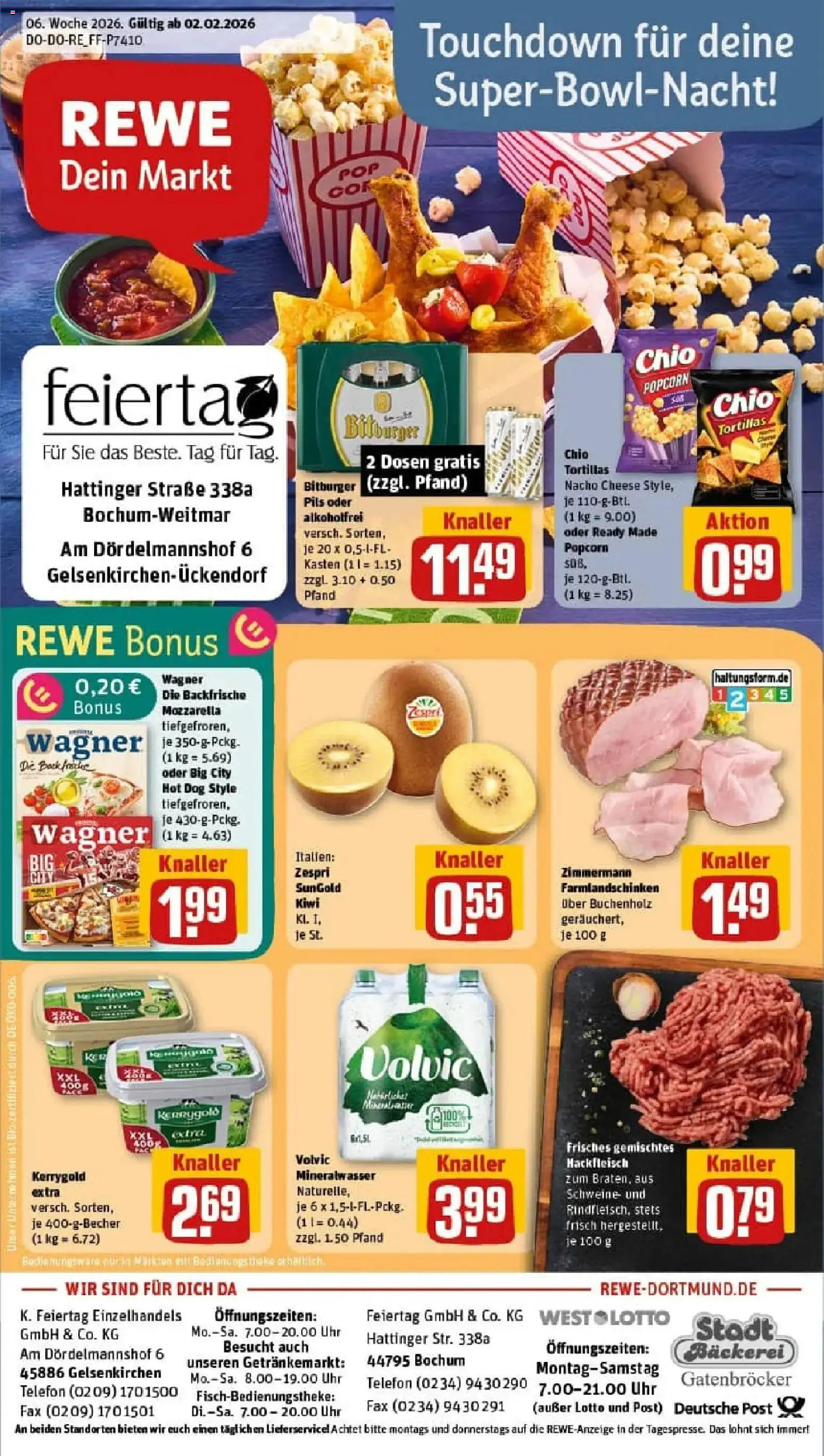 Vorschau von dem Prospekt des Geschäftes Rewe, gültig ab dem 02.02.2026 - Pizza, Butter, Kiwi, Tortillas, Mozzarella, Hackfleisch, Volvic, Chio tortillas