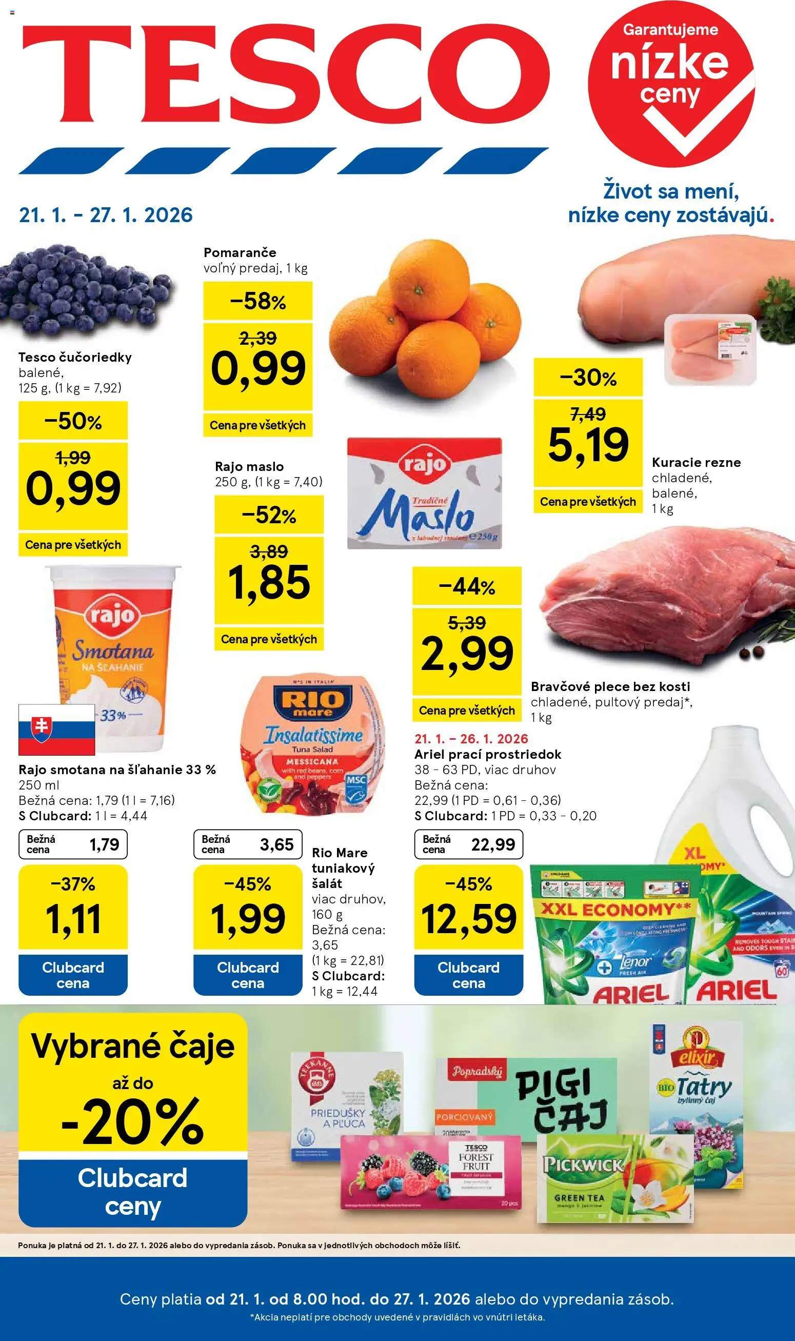 Náhľad Tesco letáku platného od 21.01.2026 - Čučoriedky, Šalát, Ariel, Smotana, Lenor, Rio Mare, Pomaranče, Bravčové plece