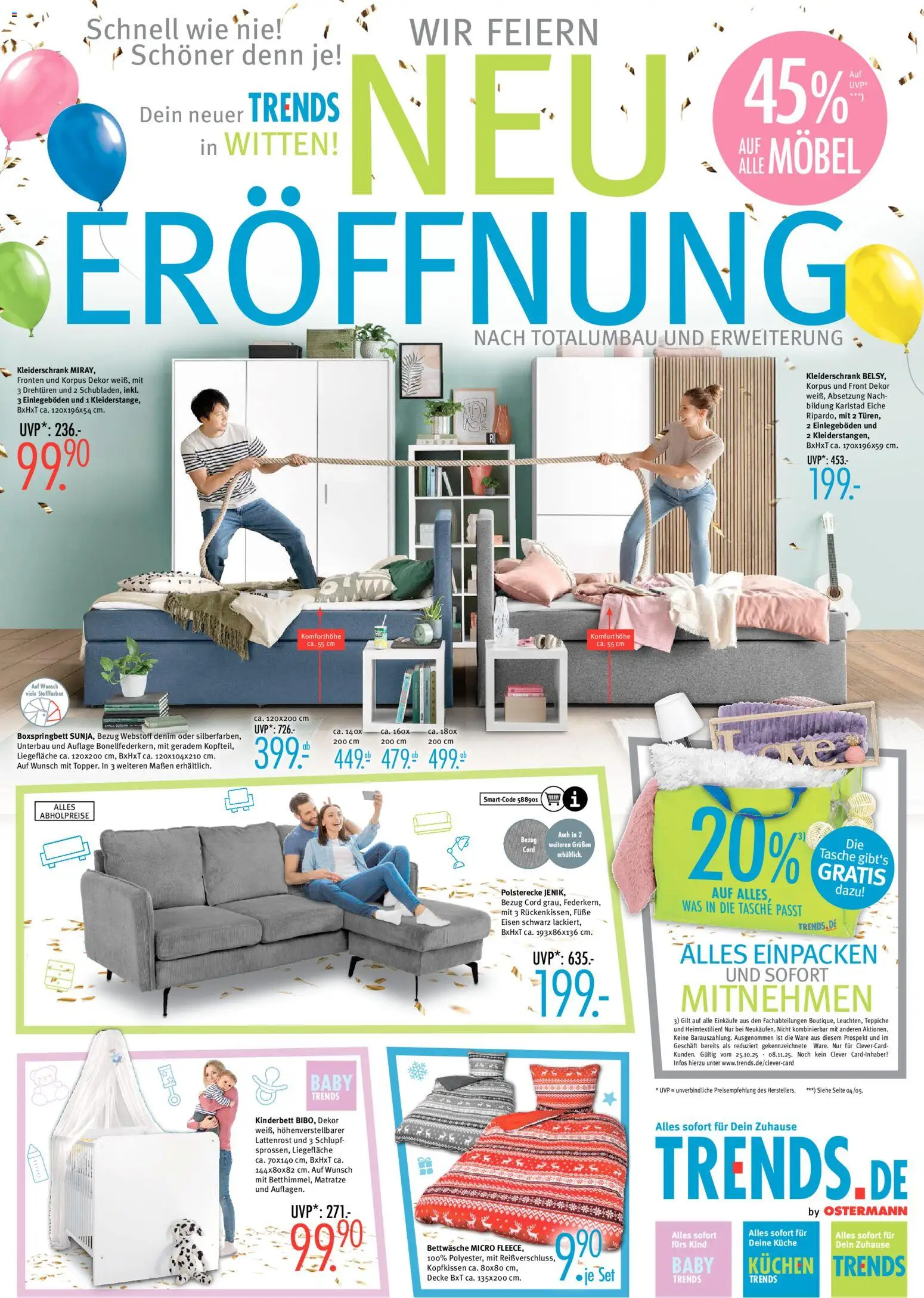 Trends Wir feiern Neueröffnung in Witten & Bottrop (vom 25.10.2025 - 08.11.2025) - Kleiderschrank, Kuchen, Boxspringbett, Matratze, Bettwäsche, Tasche, Lattenrost, Kopfkissen