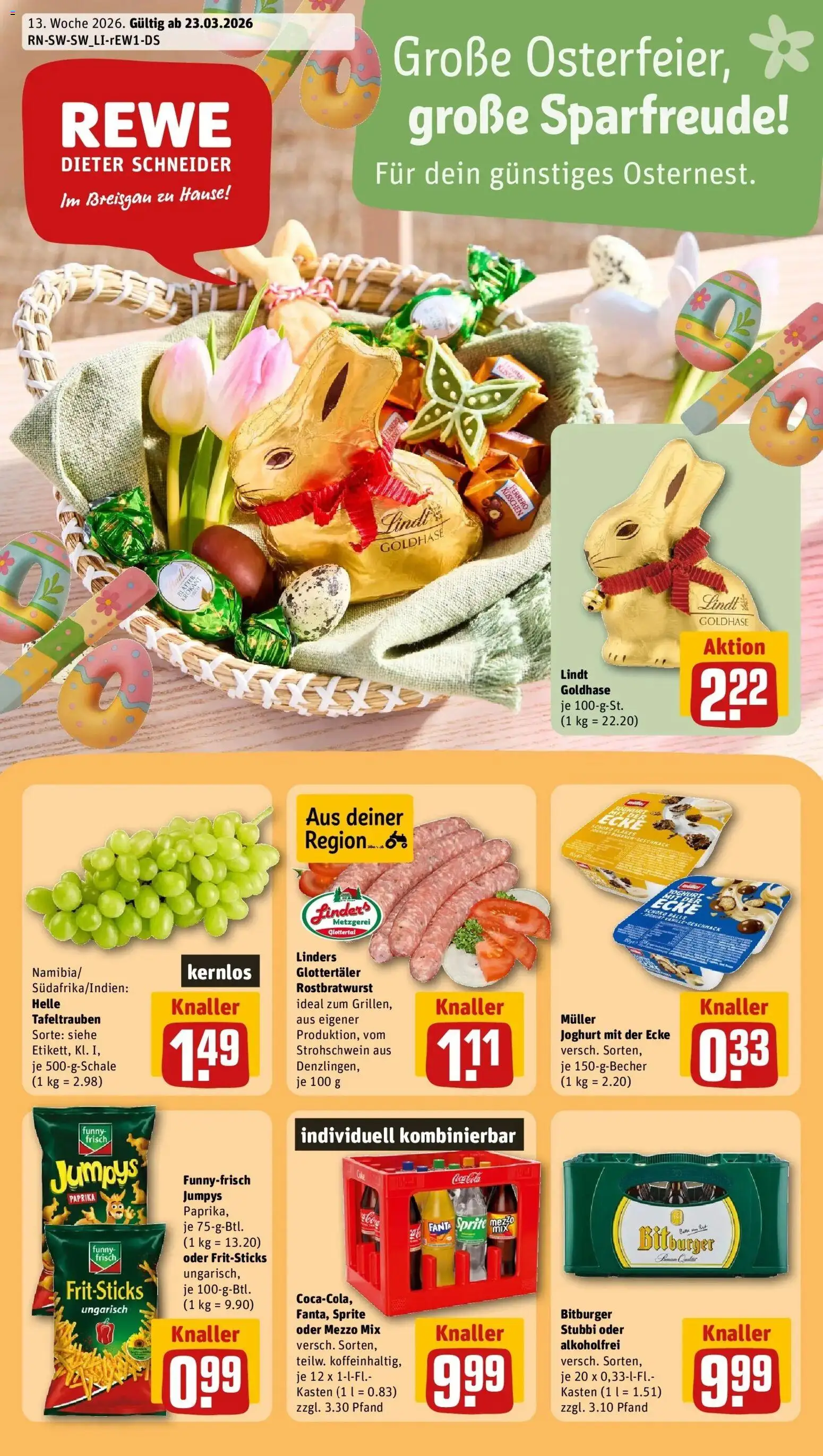 Vorschau von dem Prospekt des Geschäftes Rewe, gültig ab dem 23.03.2026 - Lindt, Joghurt, Paprika, Funny frisch, Bitburger, Sprite, Mezzo mix, Oder mezzo mix