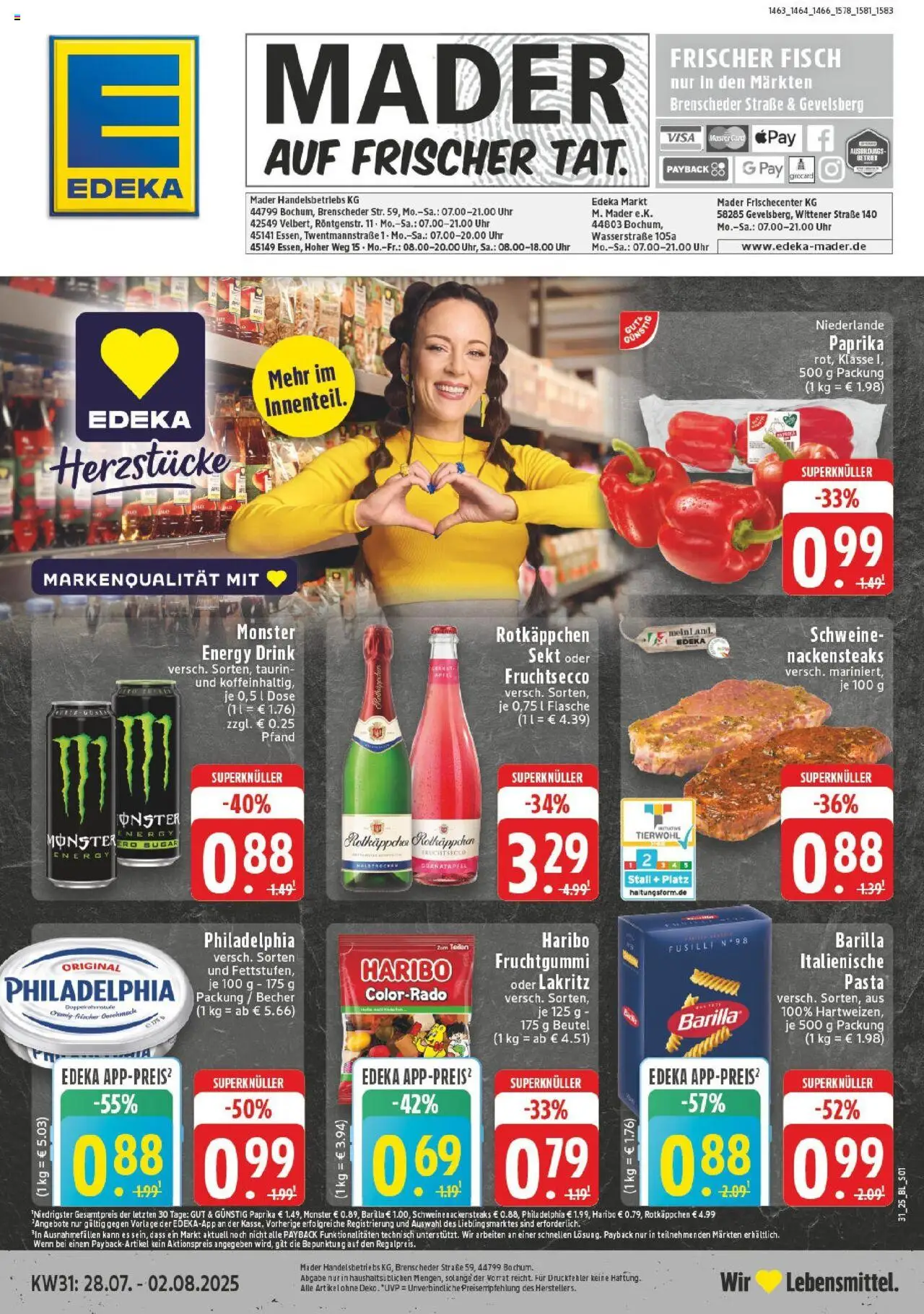 EDEKA Prospekt ab 27.07.2025 - Prospekt Gevelsberg Online - Uhr, Äpfel, Monster, Granatapfel, Philadelphia, Barilla, Sekt, Nackensteaks