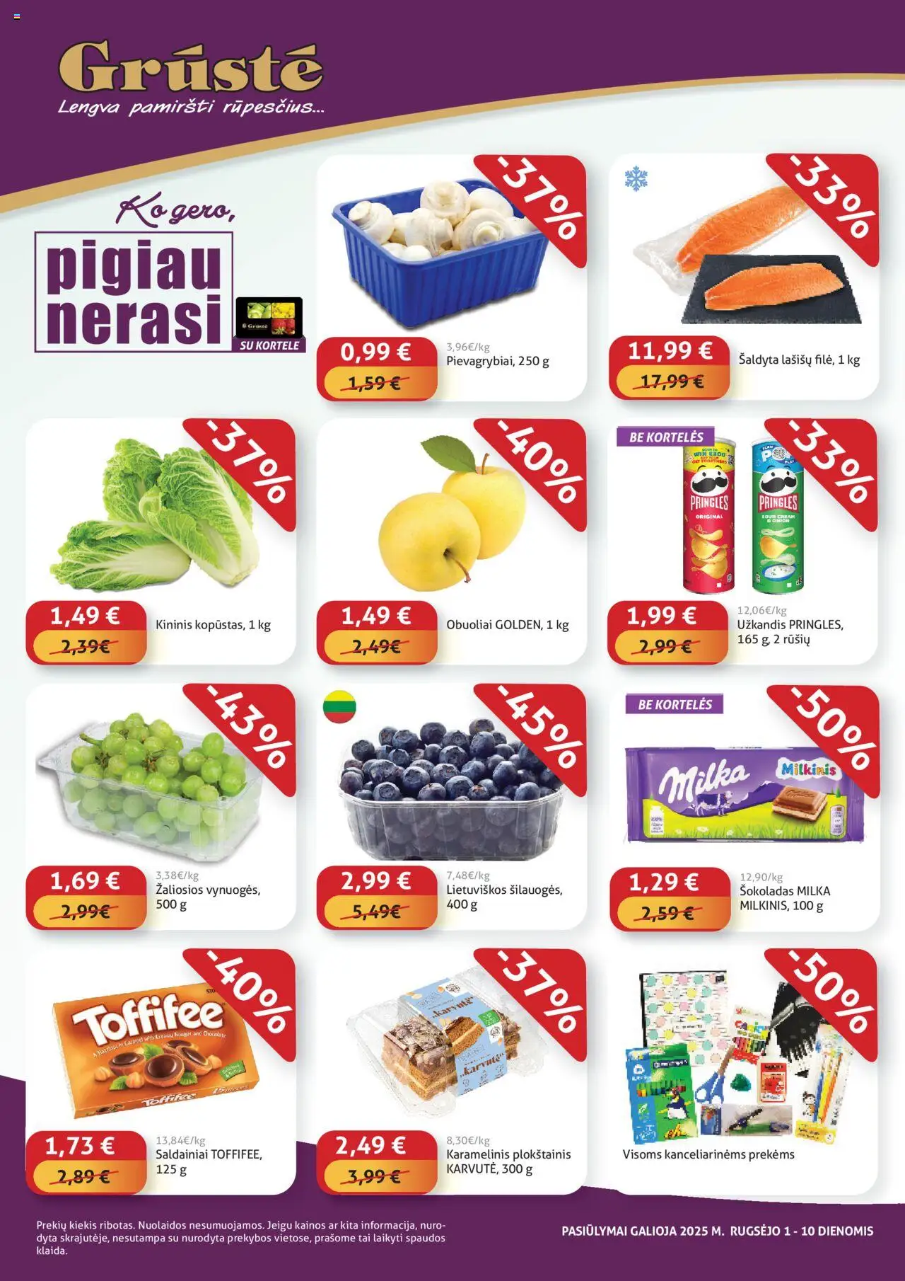GRUSTE leidinys galioja nuo 2025.09.01 – puslapio numeris 1 - Šokoladas, Saldainiai, Obuoliai, Plokštainis