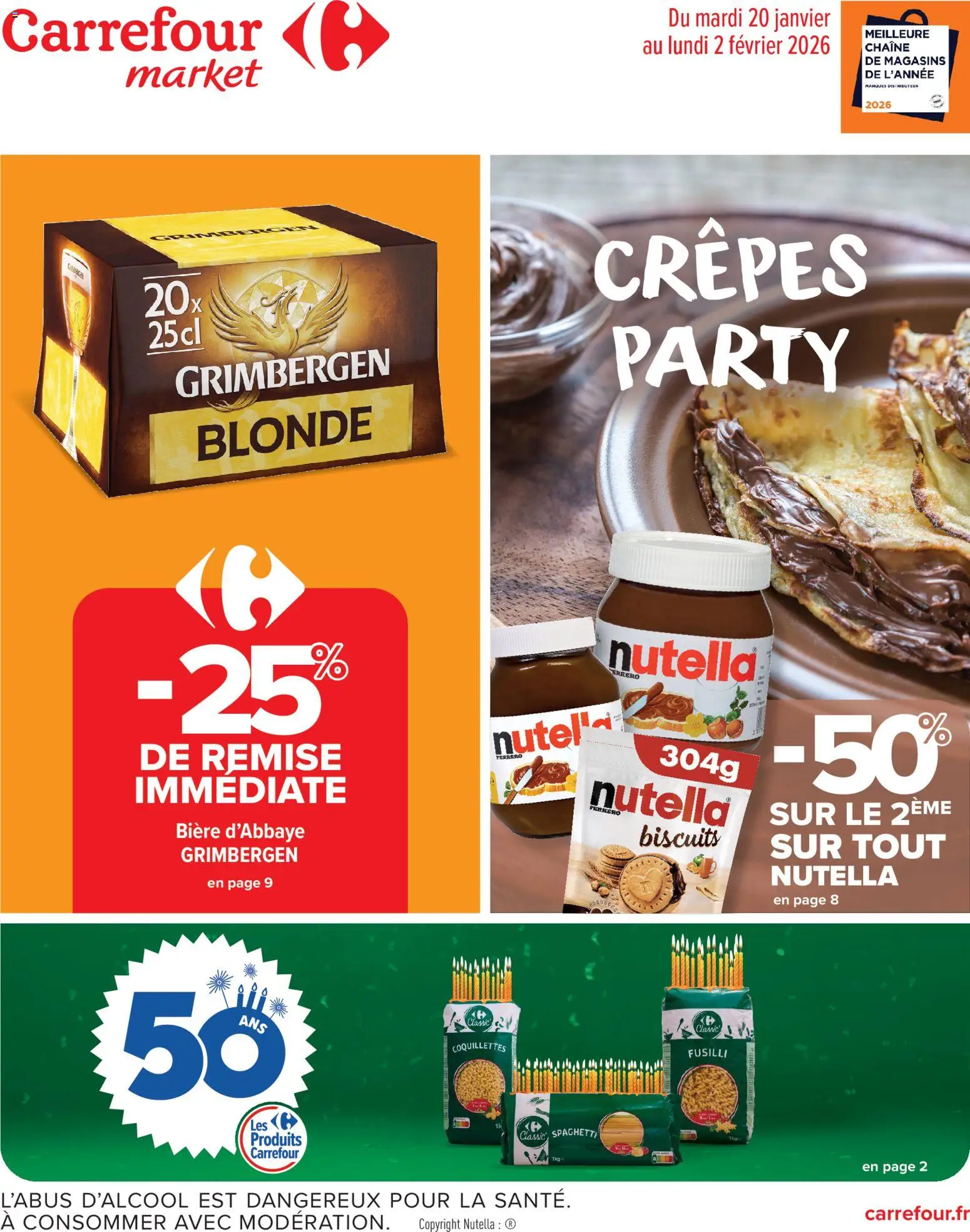 Prévisualisation de Catalogue de la semaine 4 du magasin Carrefour Market formulaire valide 20/01/2026 - Distributeur, Bière, Nutella, Biscuits, Spaghetti, Fusilli, Crêpes, Bière d’abbaye
