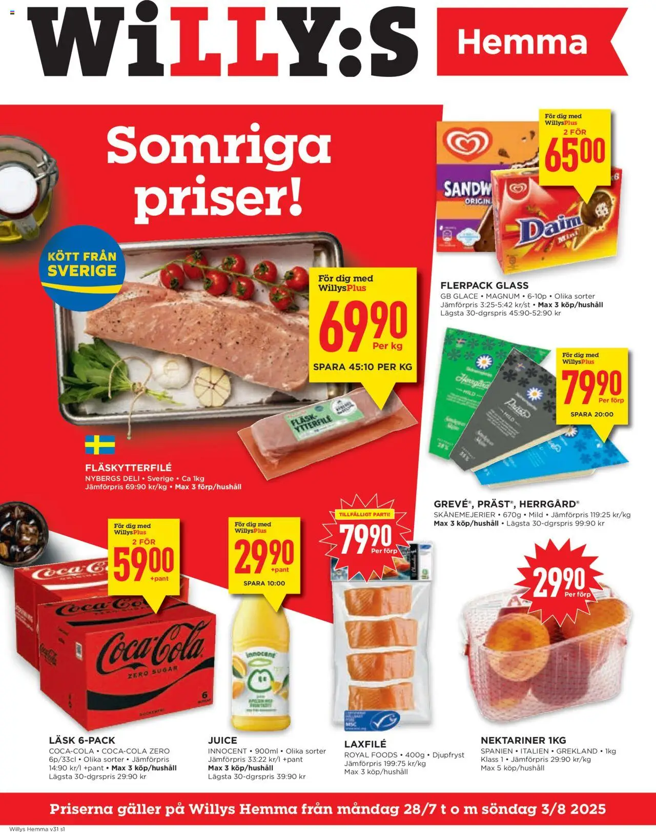 Aktuella reklamblad Willys Hemma är giltig 28/07 2025 > Veckans Erbjudanden gäller från 28/07/2025 till 03/08/2025 sidnummer 1