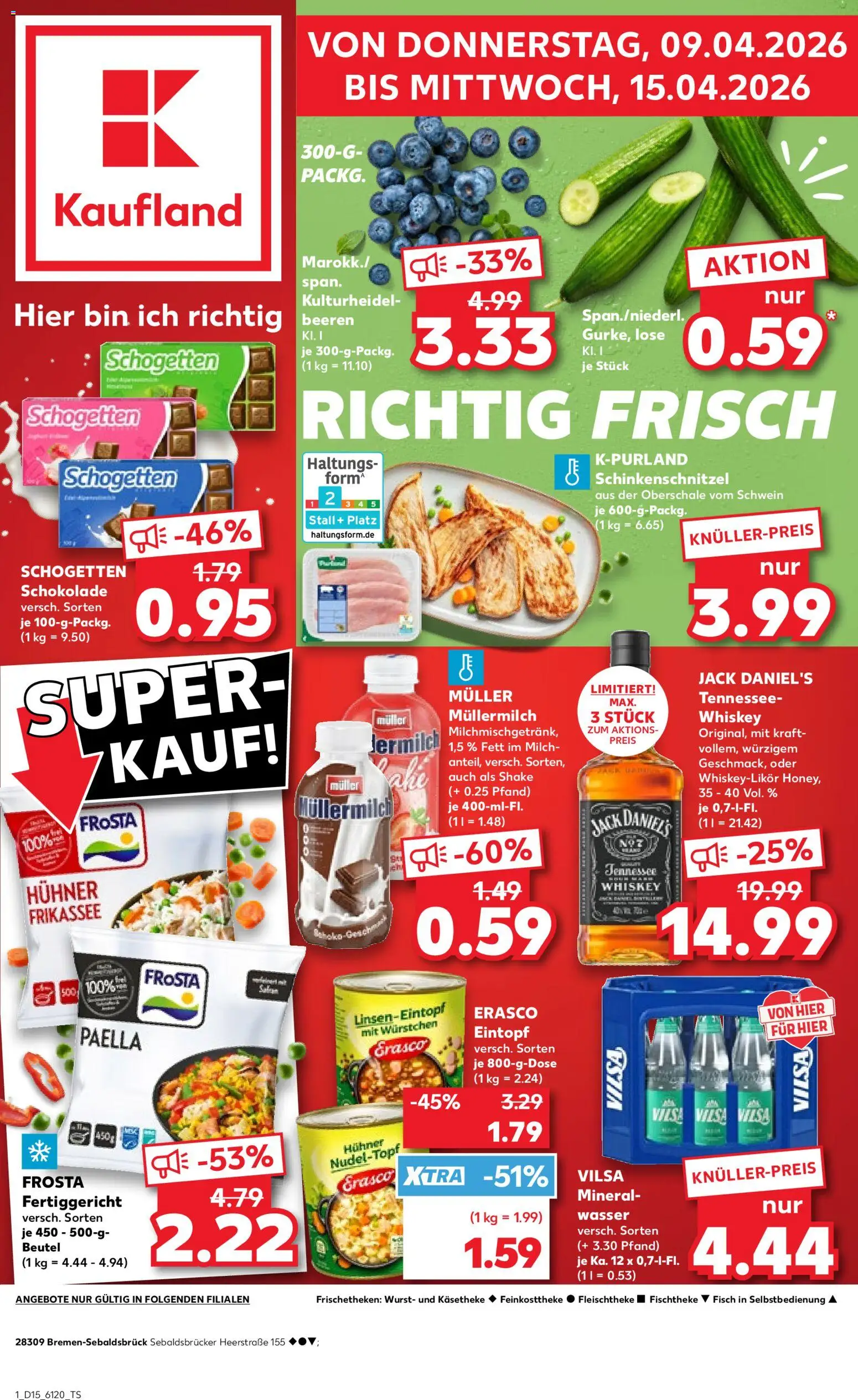 Vorschau von dem Prospekt des Geschäftes Kaufland, gültig ab dem 09.04.2026 - Fisch, Wurst, Milch, Frosta, Müllermilch, Schogetten, Jack Daniel's, Muller mullermilch