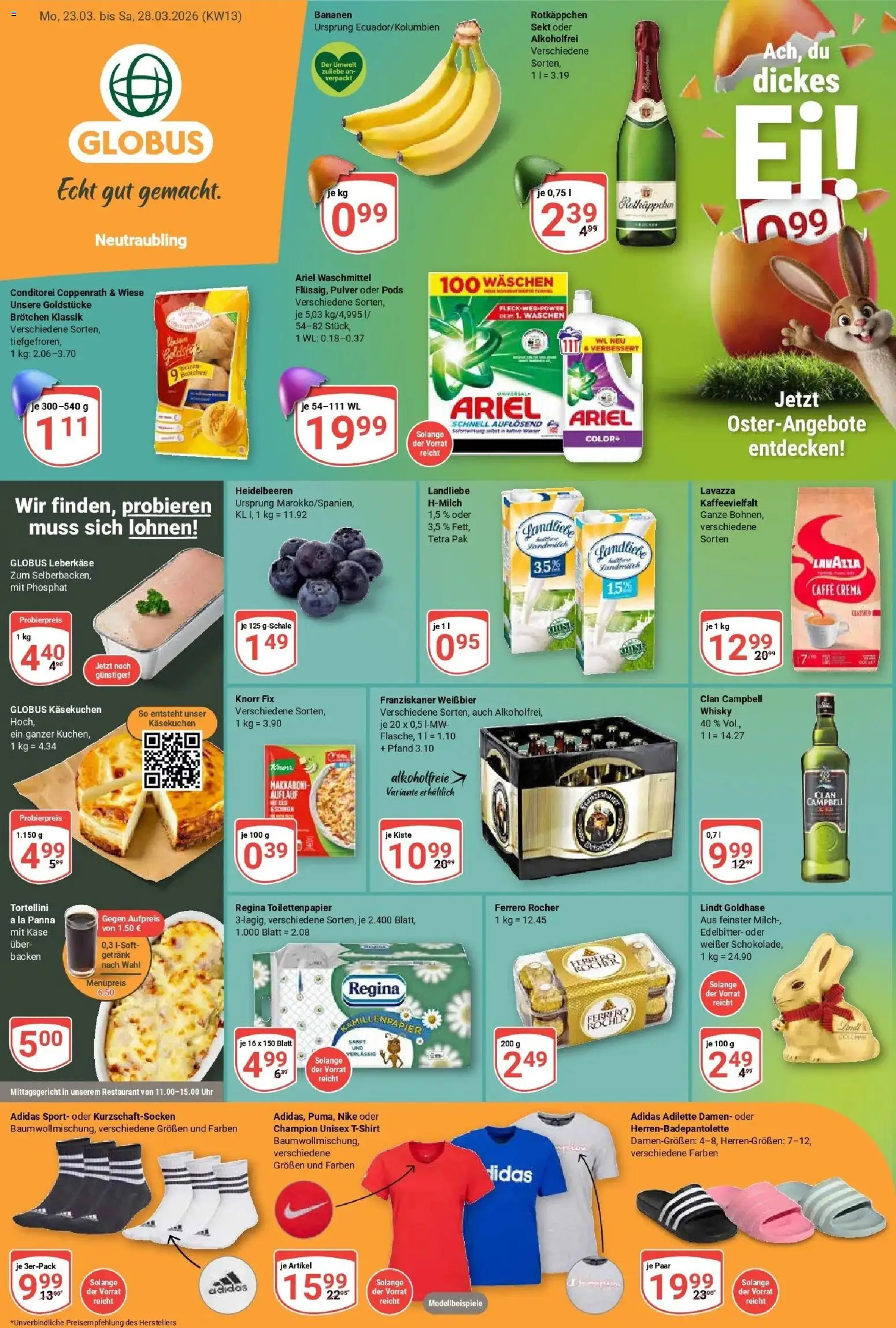 Vorschau von dem Prospekt des Geschäftes Globus, gültig ab dem 23.03.2026 - Uhr, Bananen, Heidelbeeren, Rotkäppchen, Lavazza, Ariel, Sekt, Weißbier
