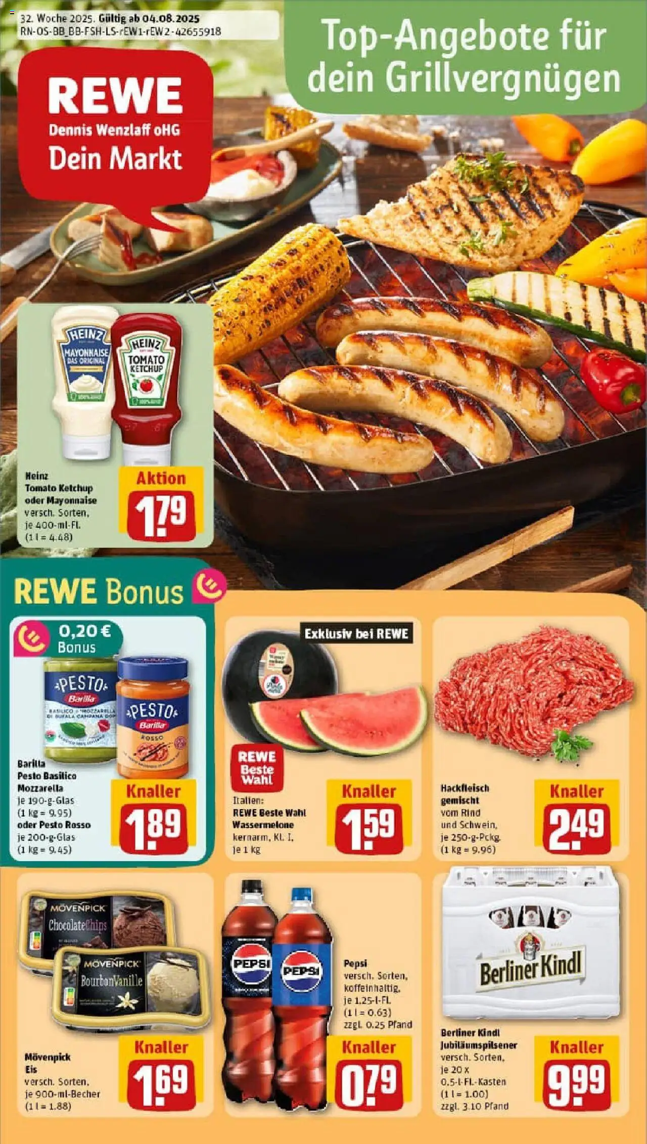 REWE Prospekt ab 03.08.2025 nächste Woche - Prospekt Berlin / Westend - Eis, Mozzarella, Berliner, Mayonnaise, Wassermelone, Barilla, Barilla pesto, Movenpick eis