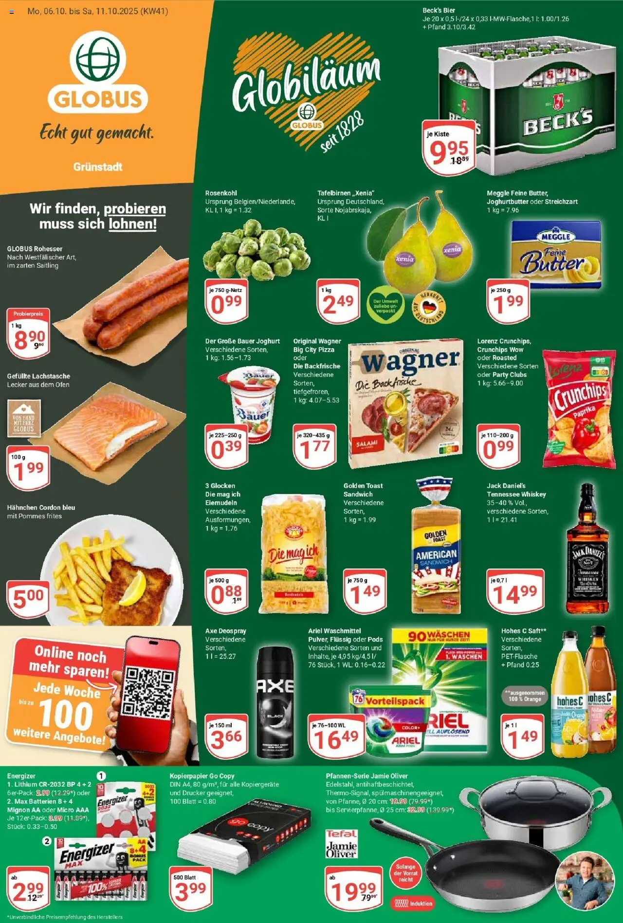 Globus Prospekt ab Montag 06.10.2025 > Prospekt Grünstadt - Butter, Joghurt, Pommes, Salami, Toast, Axe, Jack Daniel's, Bauer joghurt