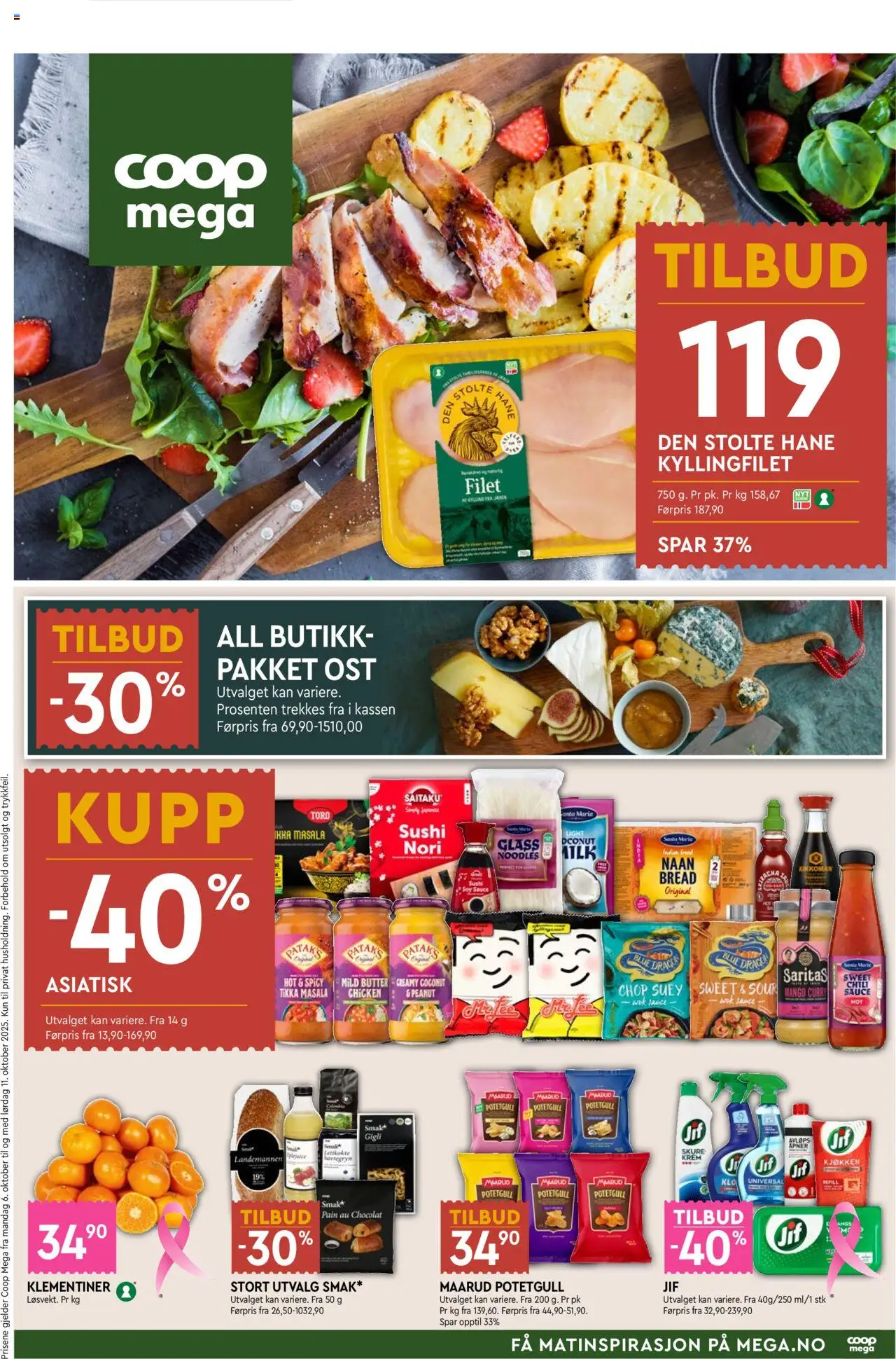 Kundeavis Coop Mega gyldig fra 06/10/2025 - Sidenummer 1 - Sushi, Ost, Tikka masala, Krem, Potetgull, Kyllingfilet, Mango, Glass