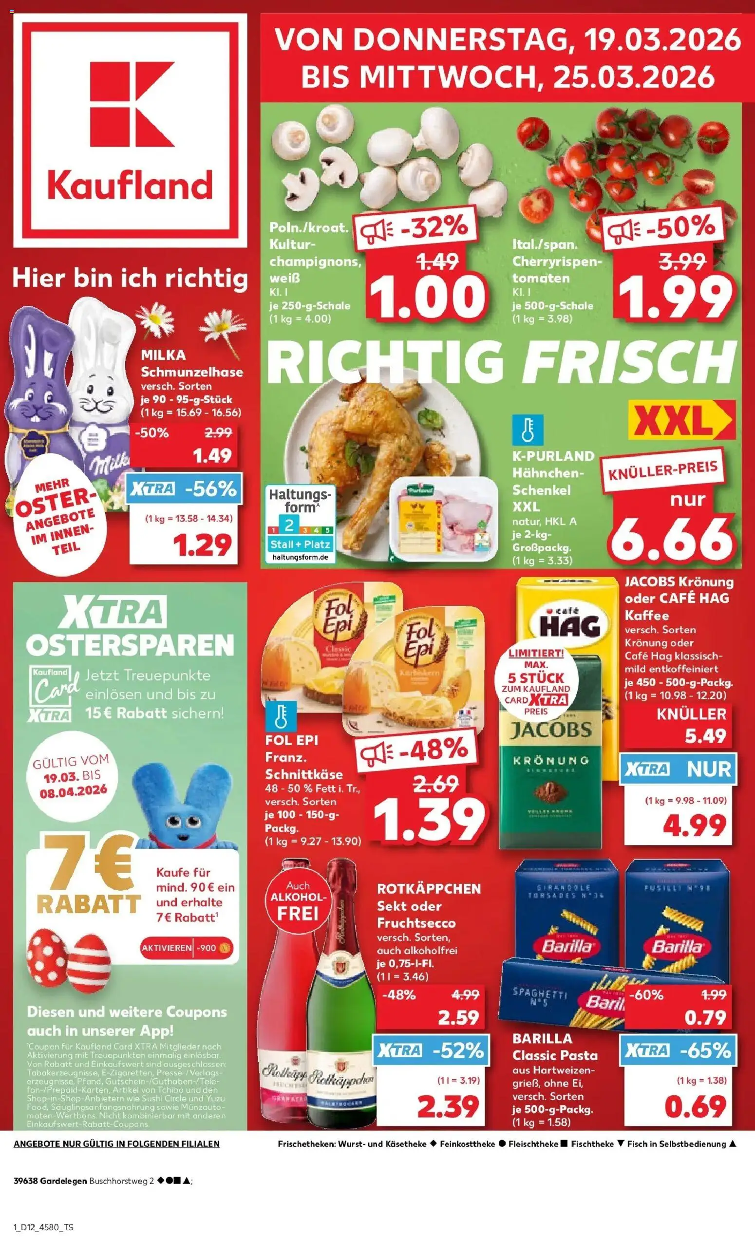 Vorschau von dem Prospekt des Geschäftes Kaufland, gültig ab dem 19.03.2026 - Pasta, Wurst, Spaghetti, Alkohol, Milka, Barilla, Tomaten, Rotkappchen sekt