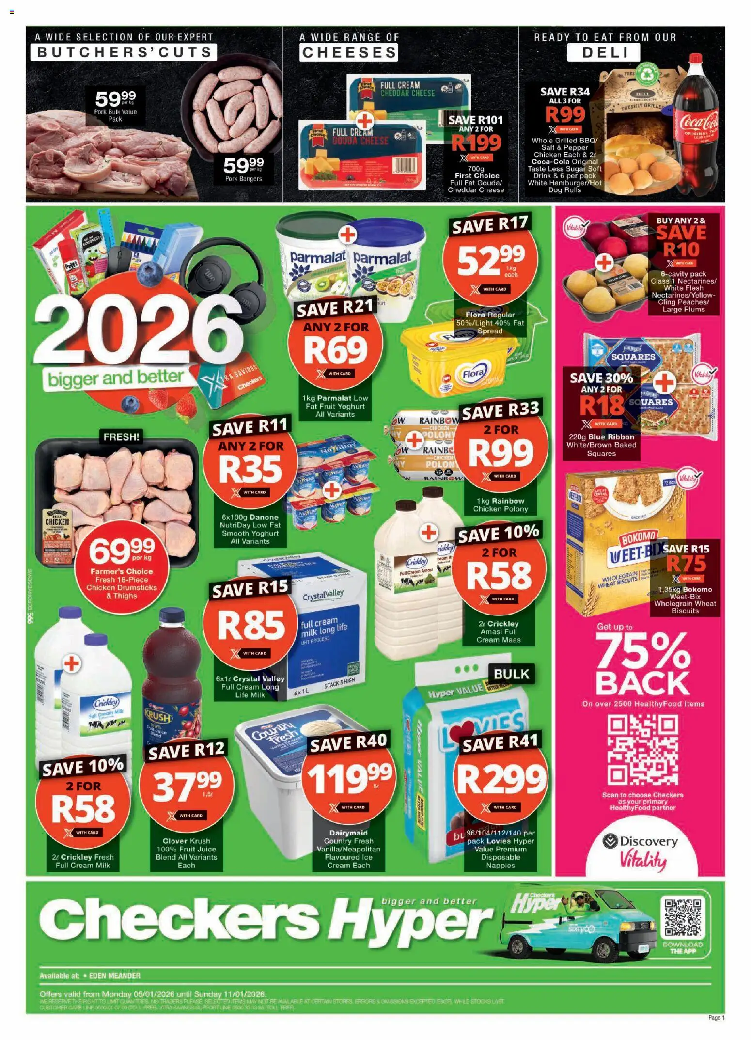 Preview of Checkers flyer valid from 05/01/2026 - Chicken, Cheese, Cream, Thighs, Pork, Polony, Nappies, Pepper