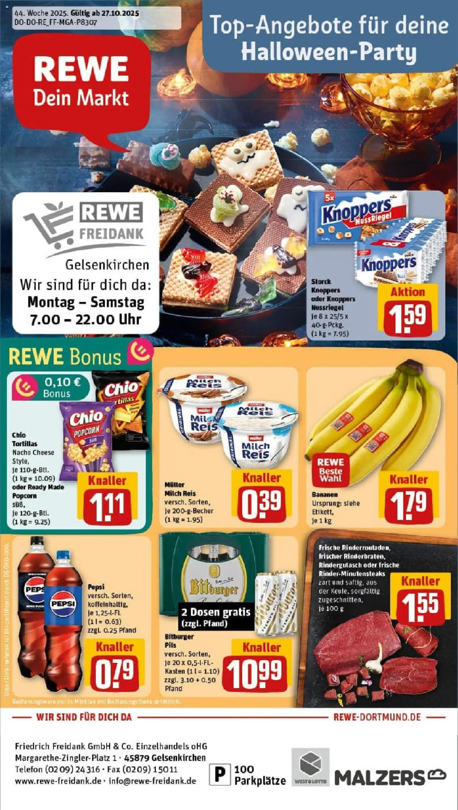 Vorschau von dem Prospekt des Geschäftes Rewe, gültig ab dem 26.10.2025 - Bananen, Reis, Popcorn, Rindergulasch, Pepsi, Theke, Pils, Chio tortillas