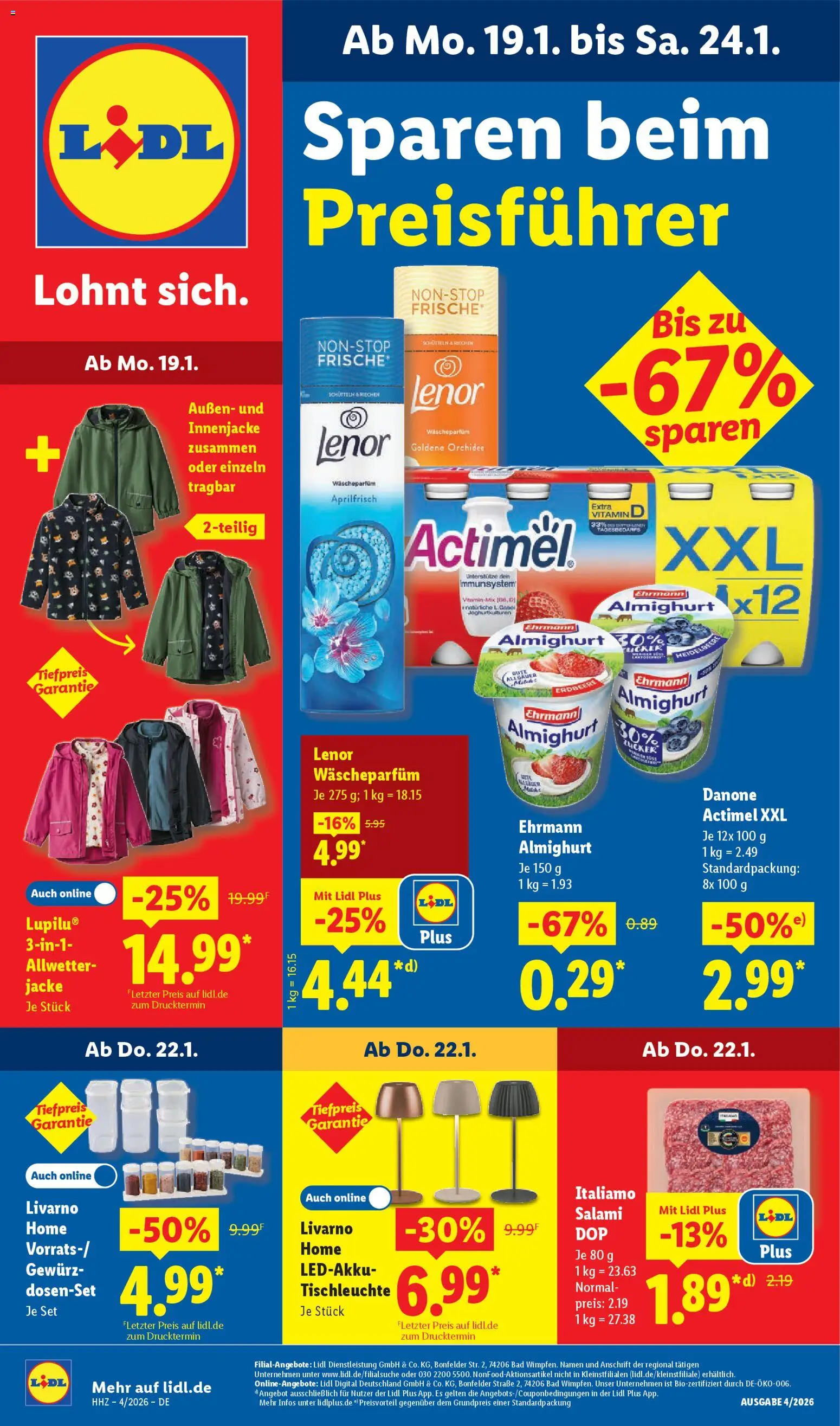 Vorschau von dem Prospekt des Geschäftes Lidl, gültig ab dem 19.01.2026 - Bad, Orchidee, Jacke, Salami, Actimel, Lenor, Ehrmann almighurt