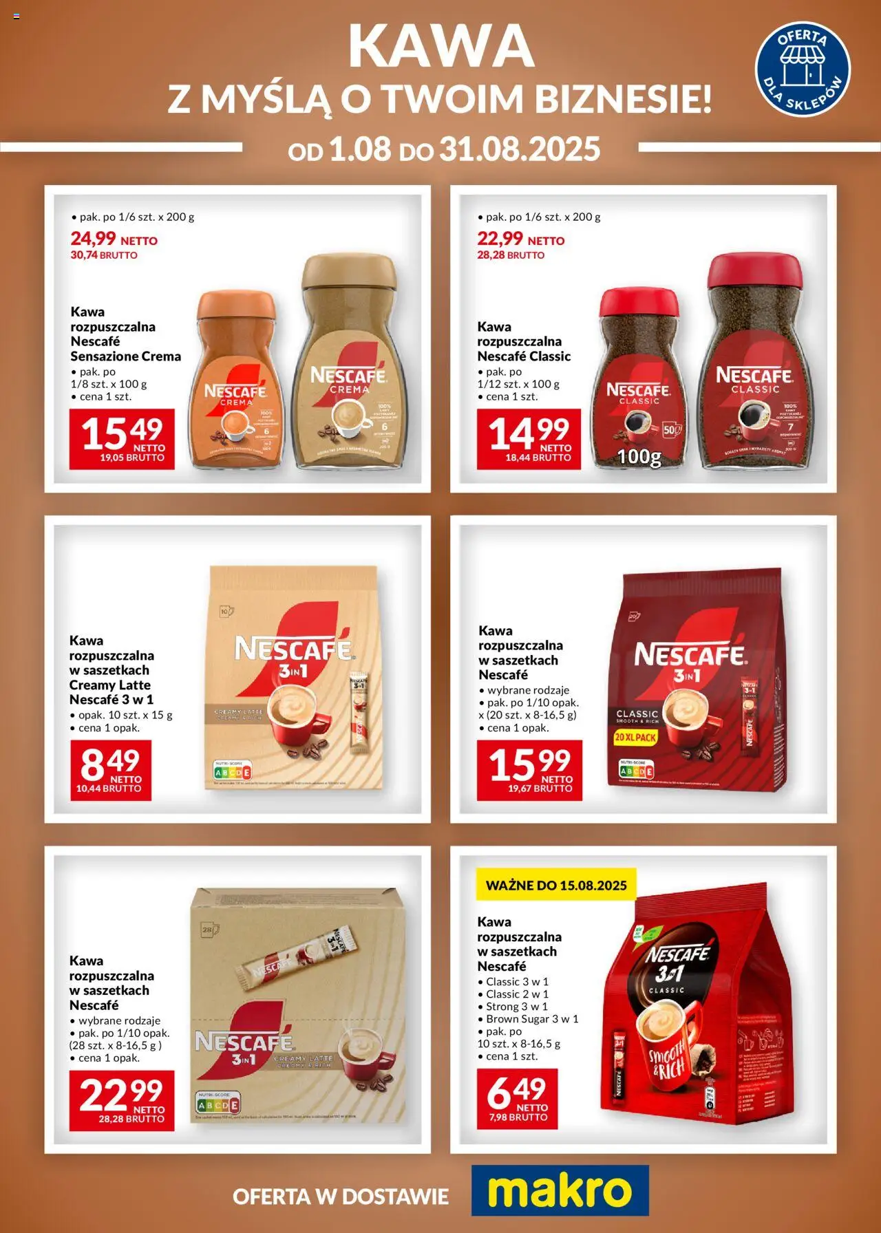 Makro Kawa Nescafe od 01.08.2025 - Nowa Gazetka - Numer strony 1 - Kawa, Kawa rozpuszczalna, Nescafe, Kawa nescafe, Kawa w saszetkach
