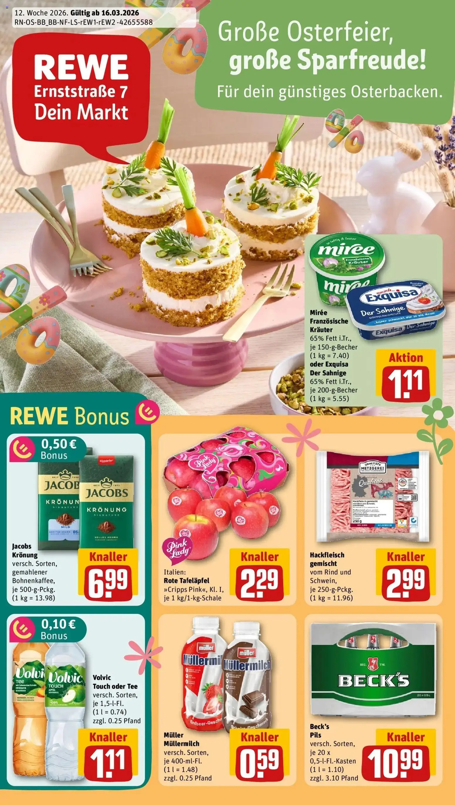 Vorschau von dem Prospekt des Geschäftes Rewe, gültig ab dem 15.03.2026 - Äpfel, Hackfleisch, Pfirsich, Müllermilch, Volvic, Pils, Exquisa, Volvic touch