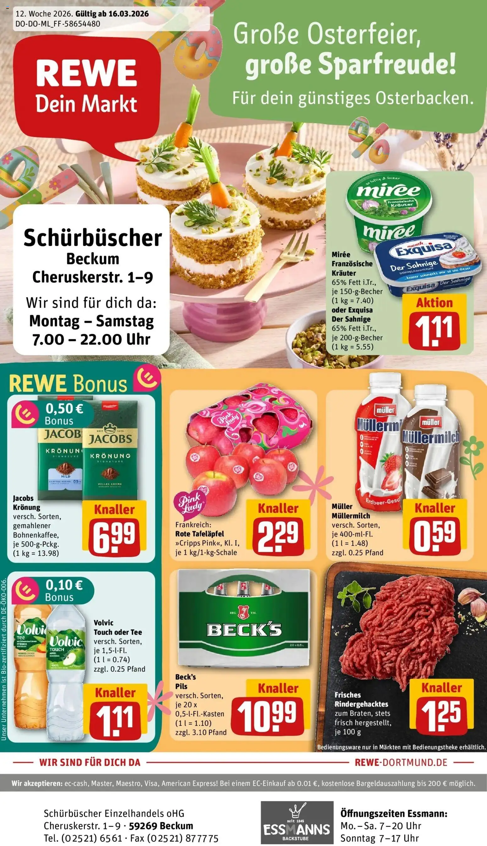 Vorschau von dem Prospekt des Geschäftes Rewe, gültig ab dem 15.03.2026 - Uhr, Äpfel, Tee, Volvic, Pils, Exquisa, Volvic touch, Muller mullermilch
