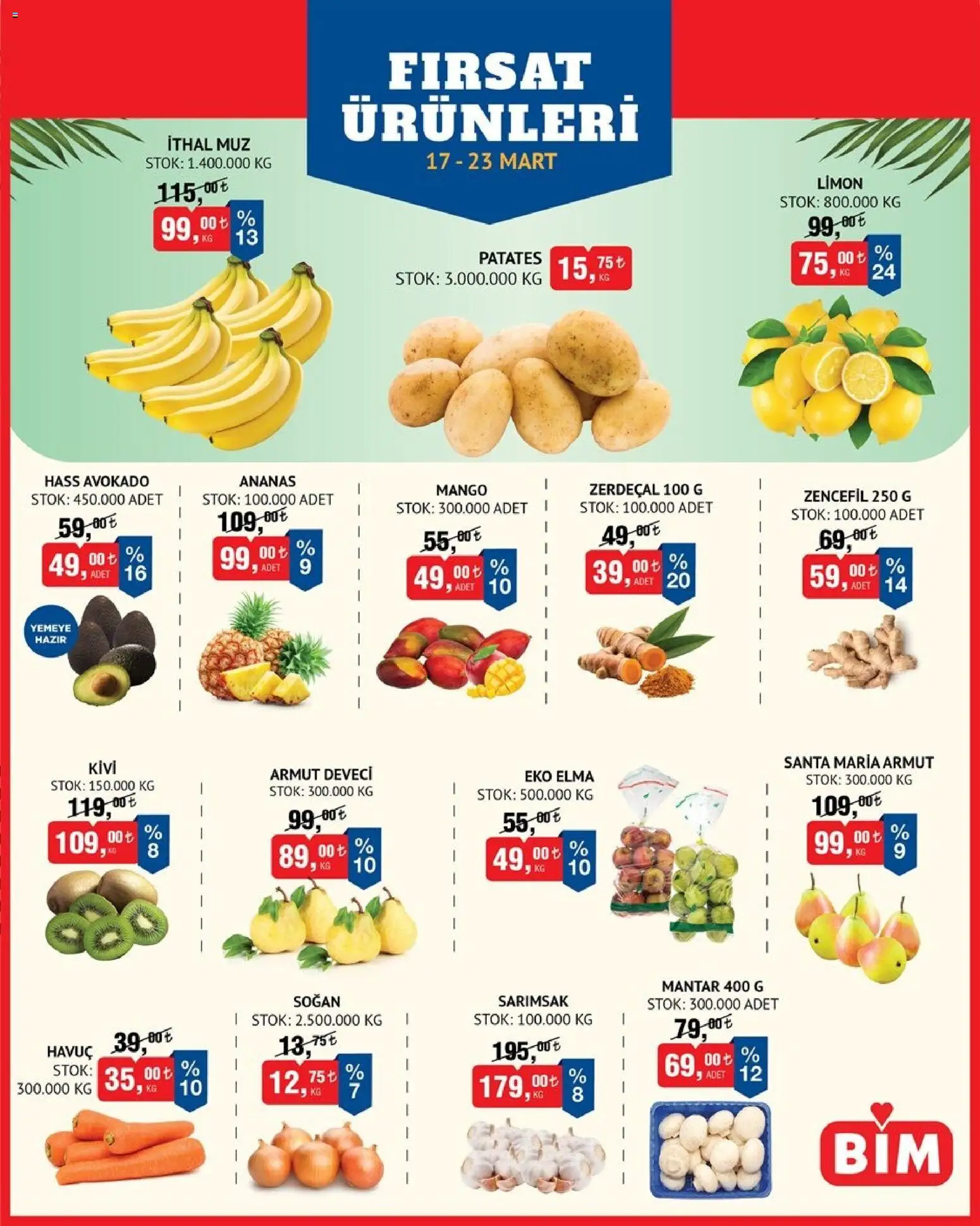 BİM BİM - Meyve-Sebze, İndirim 17.03.2026 - Broşürünün önizlemesi - Mango, Armut, Zerdeçal, Ananas, Avokado, Patates, Limon, Sarımsak