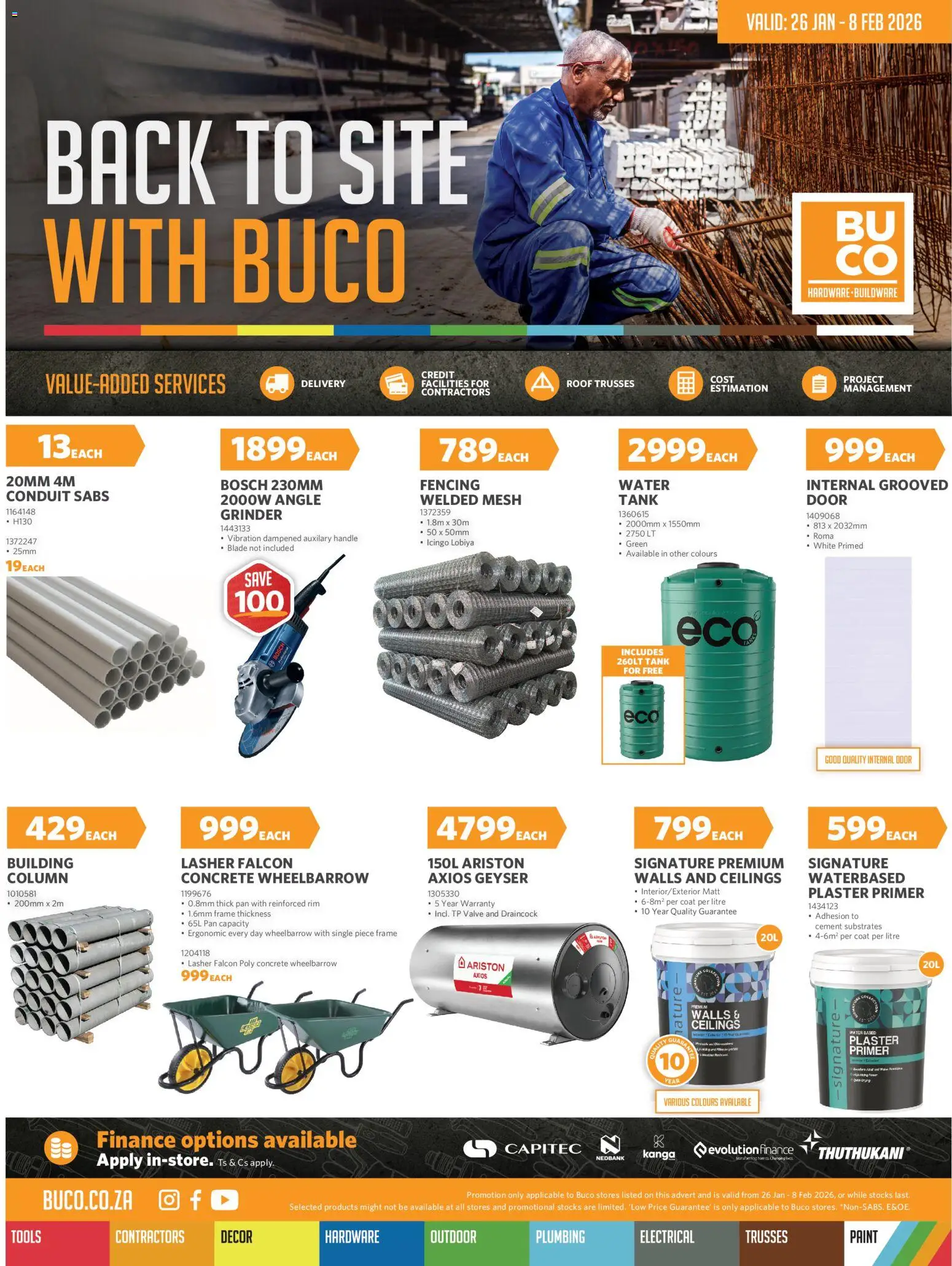 Preview of BUCO flyer valid from 26/01/2026 - Water, Paint, Geyser, Coat, Cement, Wheelbarrow, Tank, Valve