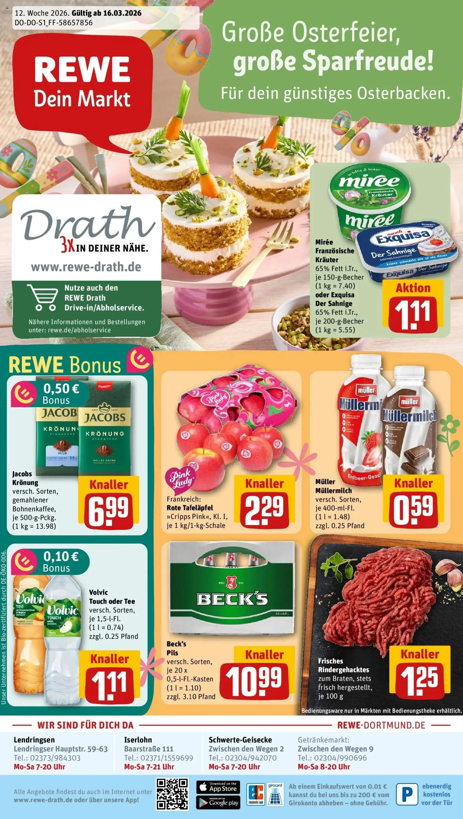 Vorschau von dem Prospekt des Geschäftes Rewe, gültig ab dem 15.03.2026 - Uhr, Äpfel, Müllermilch, Volvic, Pils, Exquisa, Volvic touch, Muller mullermilch