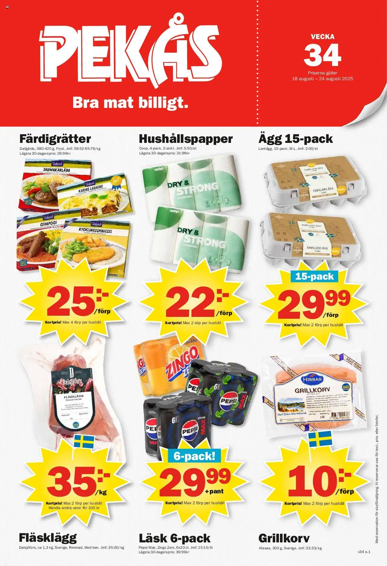 Aktuella reklamblad Pekås är giltig 18/08 2025 > Veckans Erbjudanden gäller från 18/08/2025 till 24/08/2025 sidnummer 1 - Lasagne, Ägg, Fläsklägg, Galler, Zingo, Grillkorv, Hushållspapper, Färdigrätter
