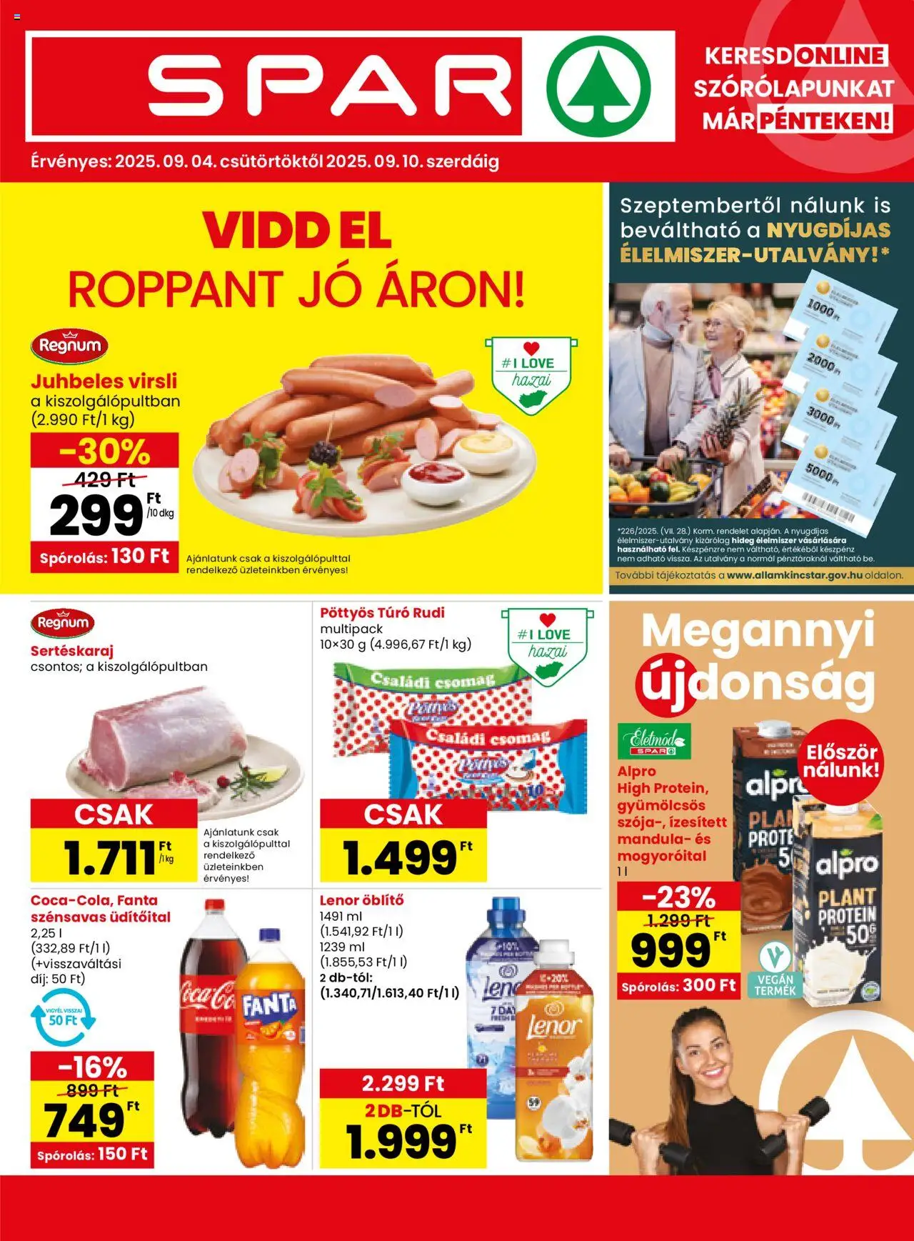 Spar aktuális szórólap, érvényes 2025.09.04.-től - 1 oldal - Mandula, Protein, Fanta, Pöttyös, Túró, Virsli, Alpro, Sertéskaraj