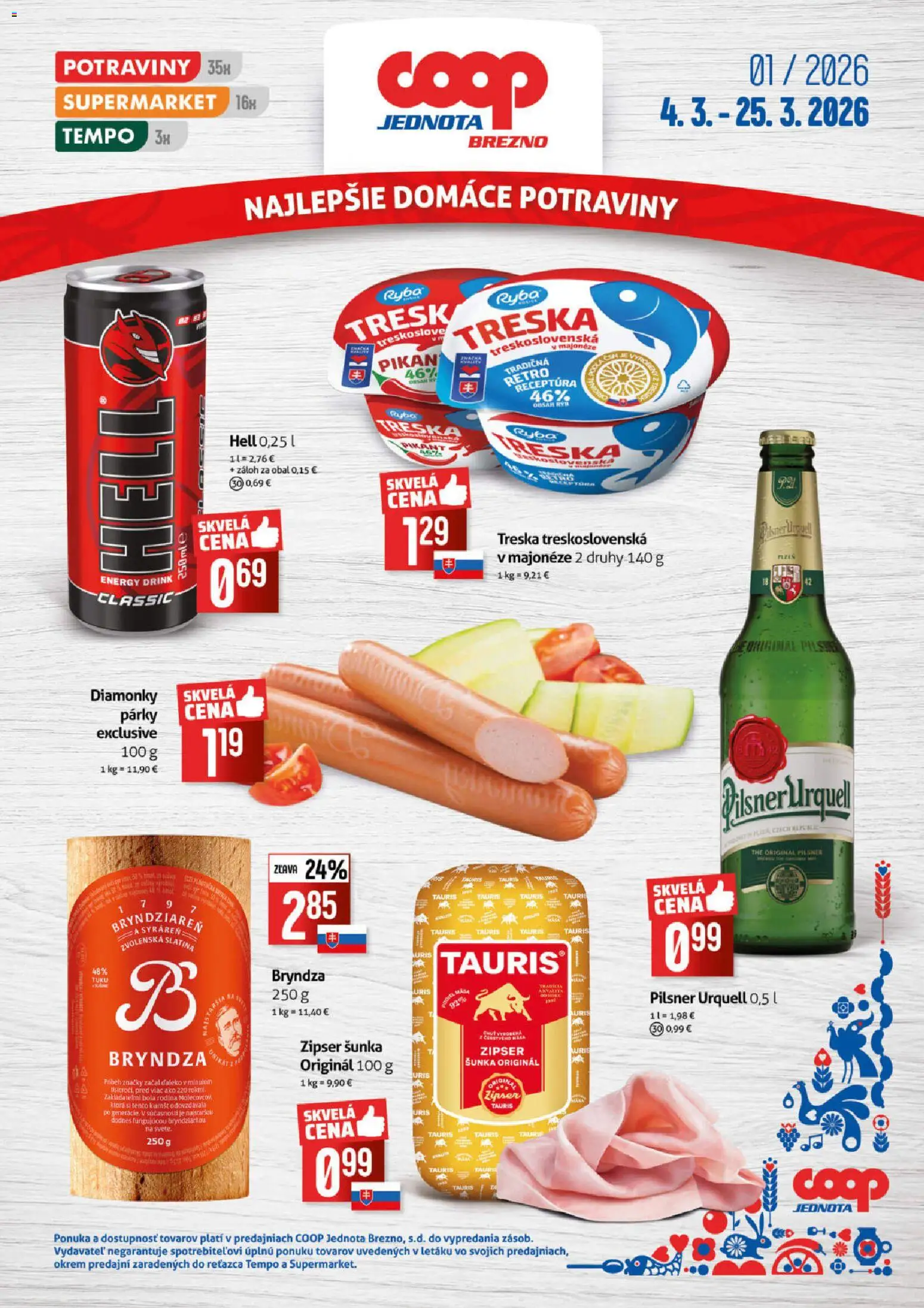 Náhľad COOP Jednota letáku platného od 04.03.2026 - Pilsner Urquell, Ryba, Bryndza, Treska, Šunka, Párky