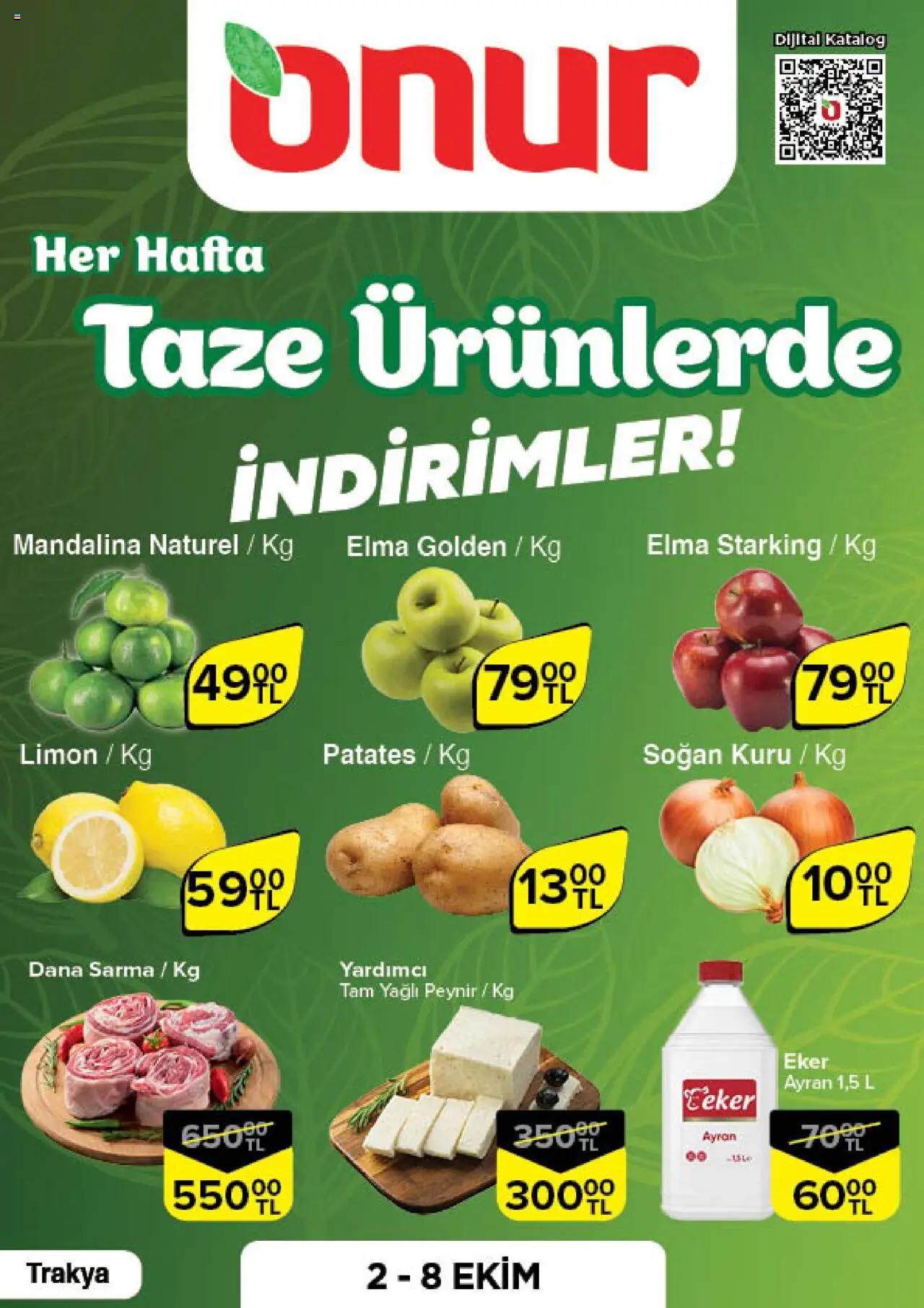 ONUR MARKET Taze Ürünlerde İndirimler - Trakya (02 Ekim 2025) - Indirim, Broşür - Sayfa numarası 1 - Peynir, Patates, Limon, Elma, Soğan, Mandalina