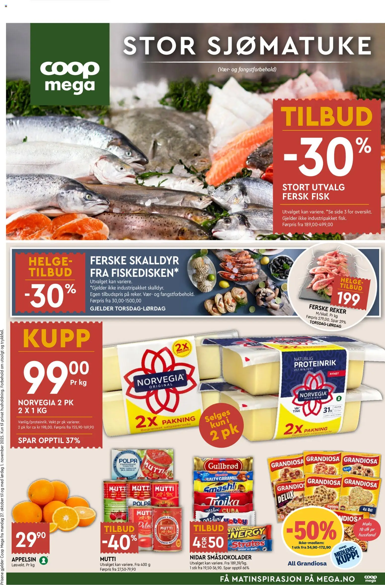 Kundeavis Coop Mega gyldig fra 27/10/2025 - Sidenummer 1 - Ferske reker, Ost, Tomater, Fisk, Vekt, 1, Reker, Grandiosa