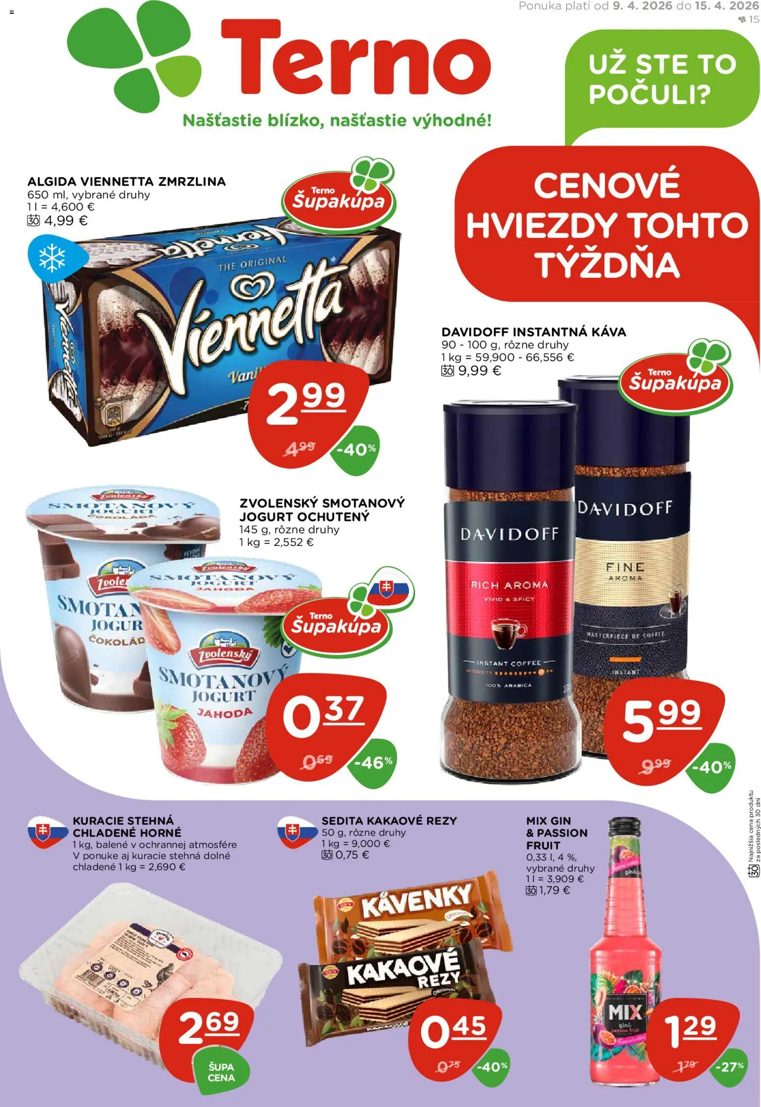 Náhľad Terno letáku platného od 09.04.2026 - Káva, Kuracie stehná, Gin, Jogurt, Davidoff, Instantná káva, Stehná, Smotanový jogurt