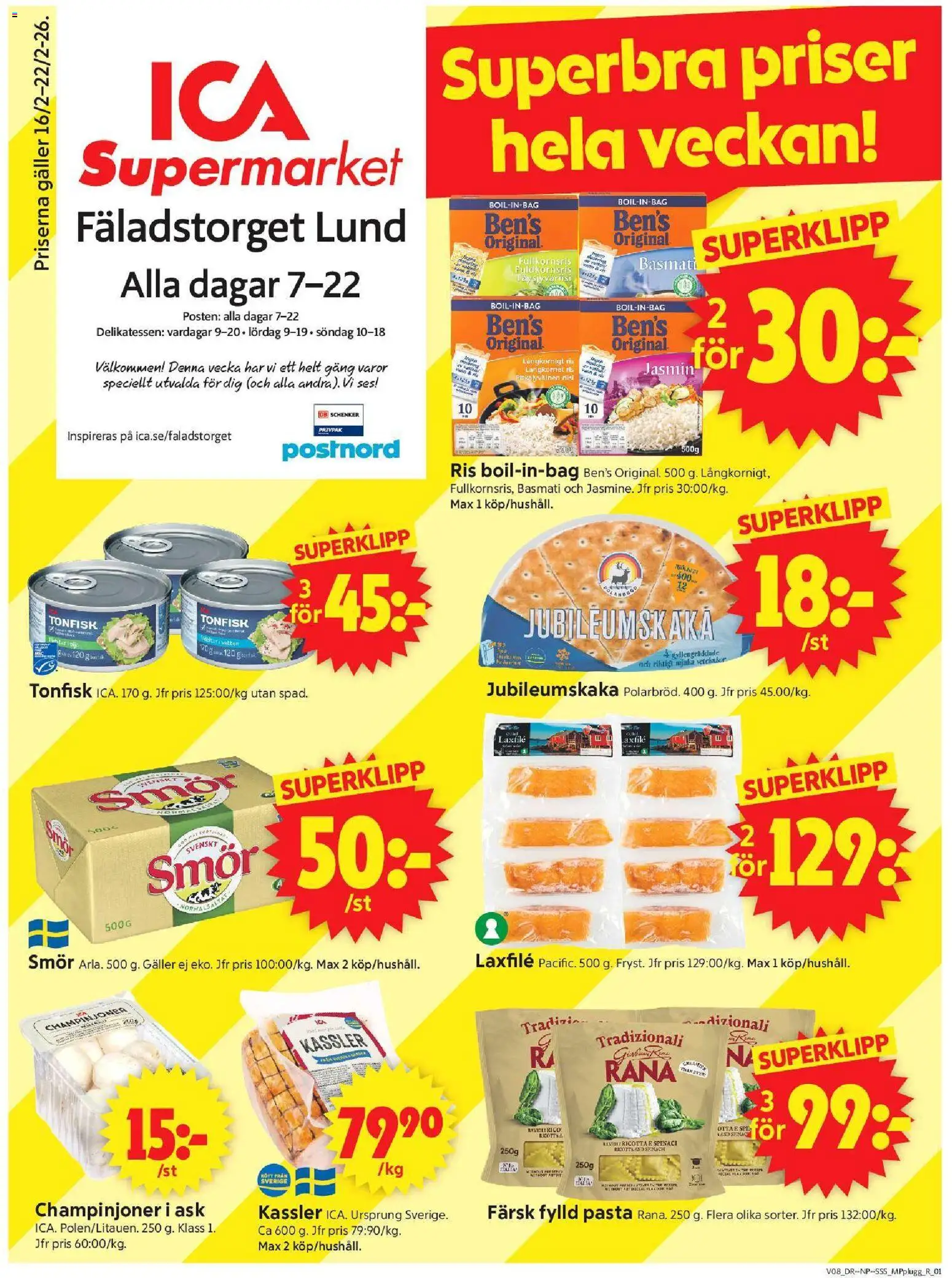 Förhandsgranska reklamblad Lund från butik ICA Supermarket gäller från 16/02/2026 - Pasta, Ricotta, Smör, Tonfisk, Kassler, Ris, Galler, Laxfilé