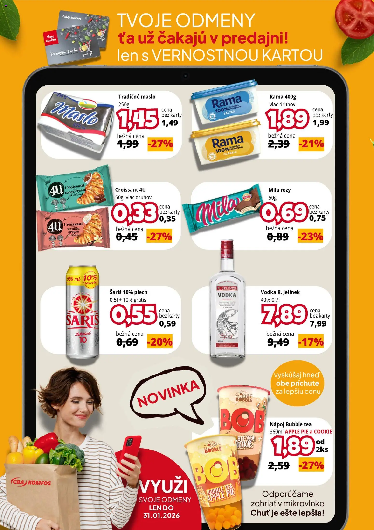 Náhľad CBA Komfos letáku platného od 15.01.2026 - Maslo, Apple, Vodka, Croissant, Mila, Šariš, Rama