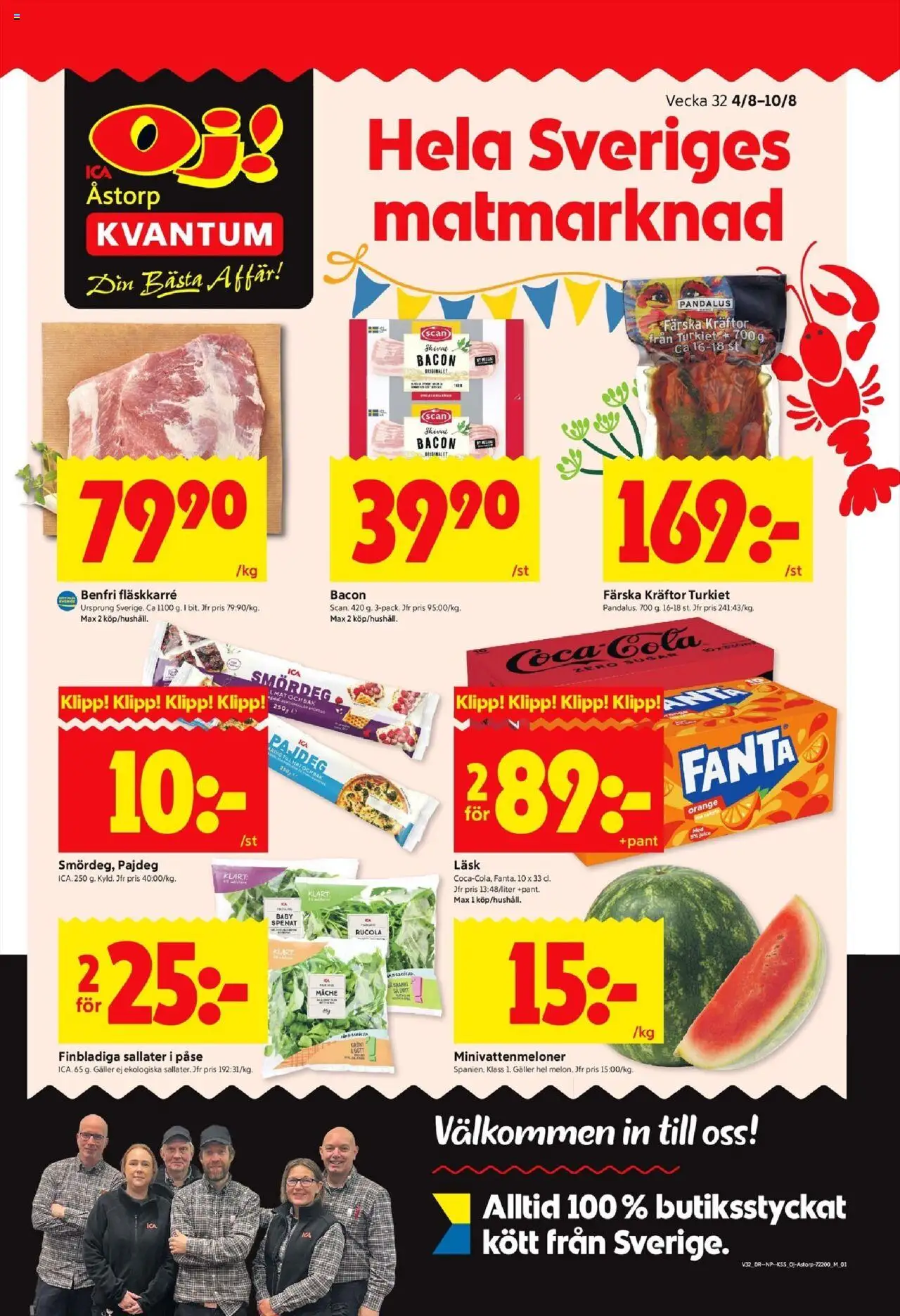 Åstorp är giltig 04/08 2025 > Veckans Erbjudanden gäller från 04/08/2025 till 10/08/2025 sidnummer 1 - Kött, Kräftor, Smördeg, Juice, Bacon, Galler, Spenat, Fläskkarré