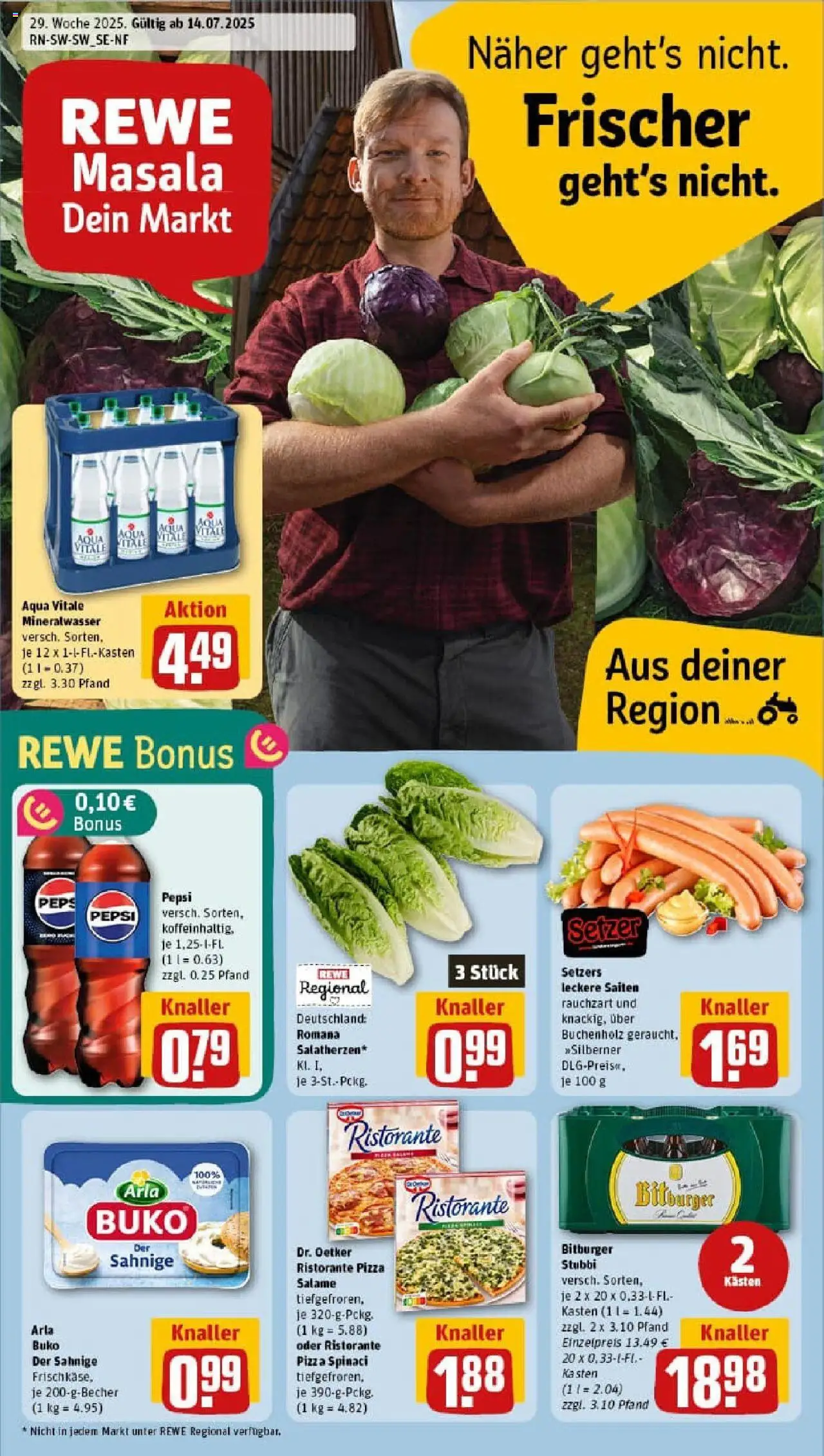 REWE Prospekt ab 13.07.2025 nächste Woche - Prospekt Burgstetten - Pizza, Mineralwasser, Ristorante, Bitburger, Pepsi, Arla buko
