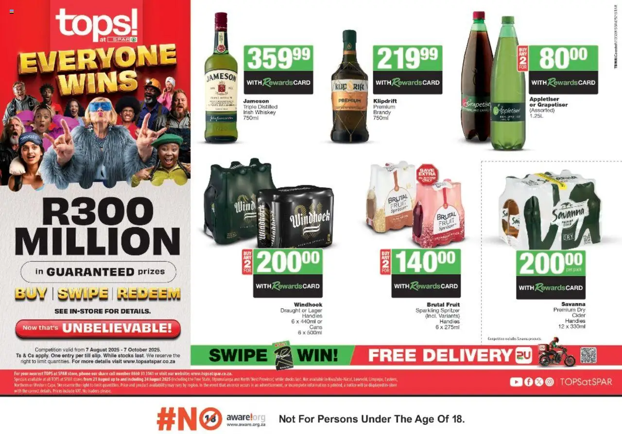 Tops at Spar Gauteng - Everyone Wins Specials from 21/08 - 24/08/2025 > Promotions - Phone, Whiskey, Fruit, Brandy, Cider