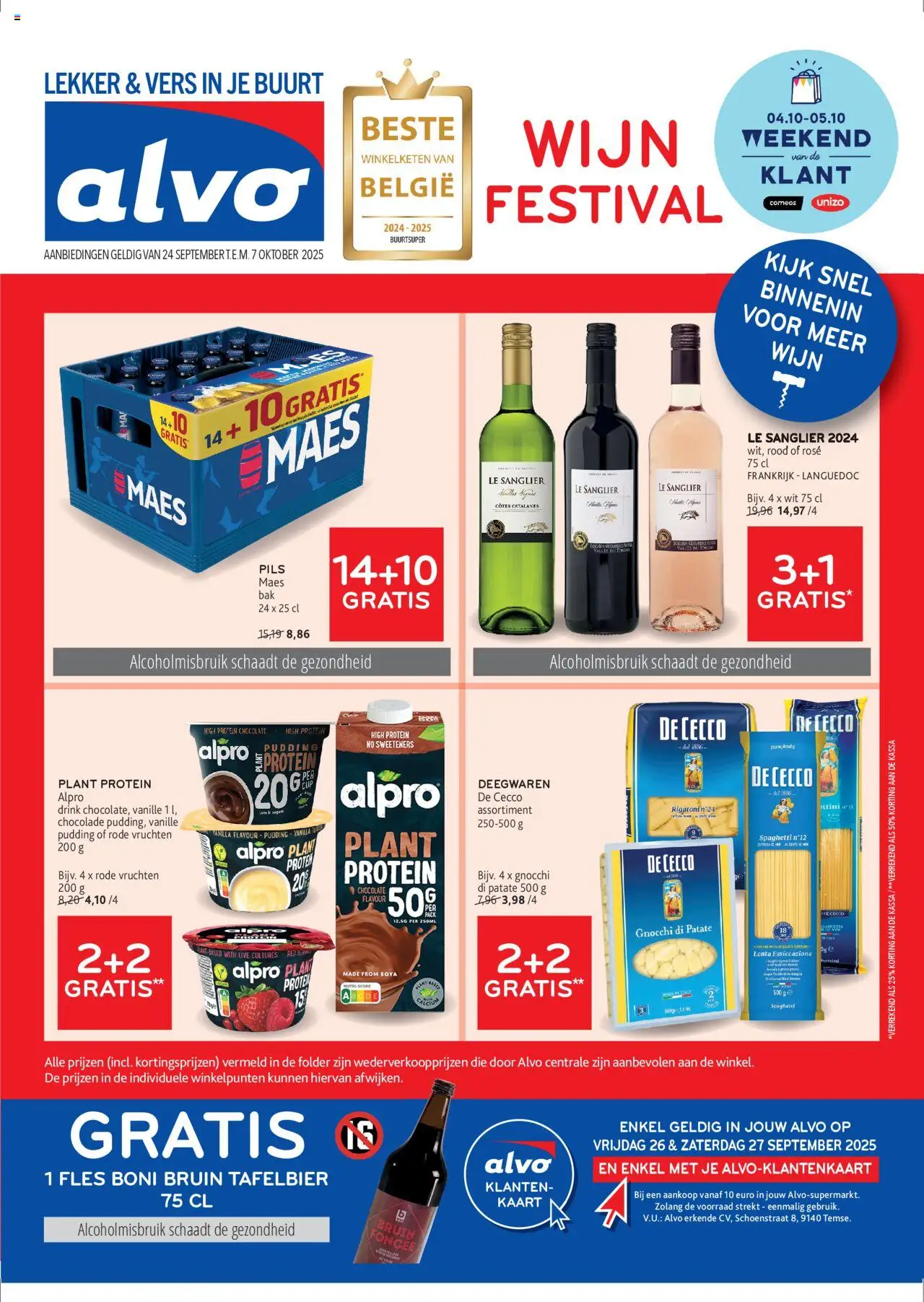Alvo shop Folder geldig vanaf 24/09/2025 - Paginanummer 1 - Gnocchi, Spaghetti, Kaart, Wijn, Chocolade, Pudding, Vanille, Fles