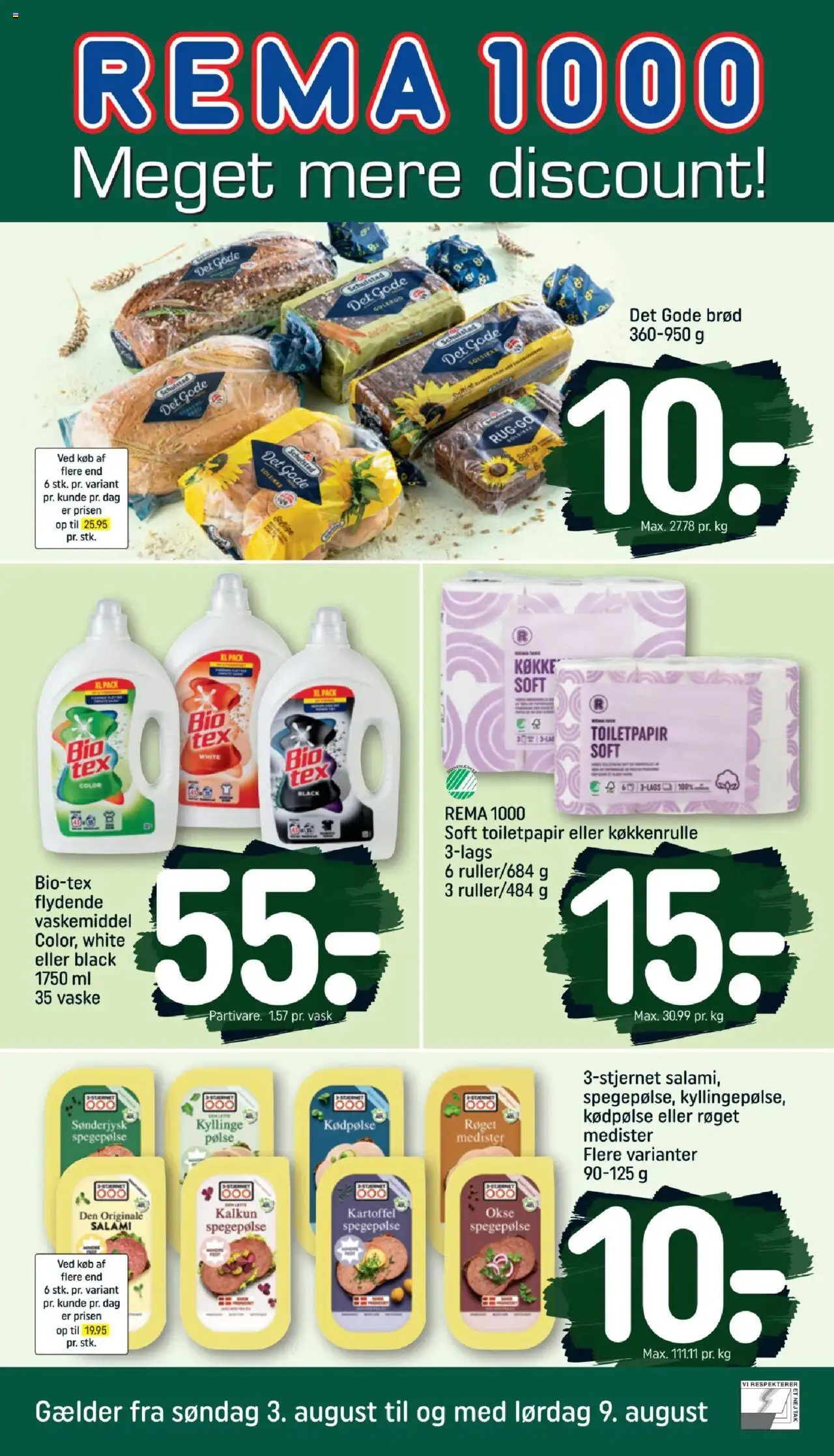 Rema 1000 tilbudsavis gyldig fra 03/08/2025 - side 1 - Toilet, Brød, Gulerod, Kalkun, Spegepølse, Salami