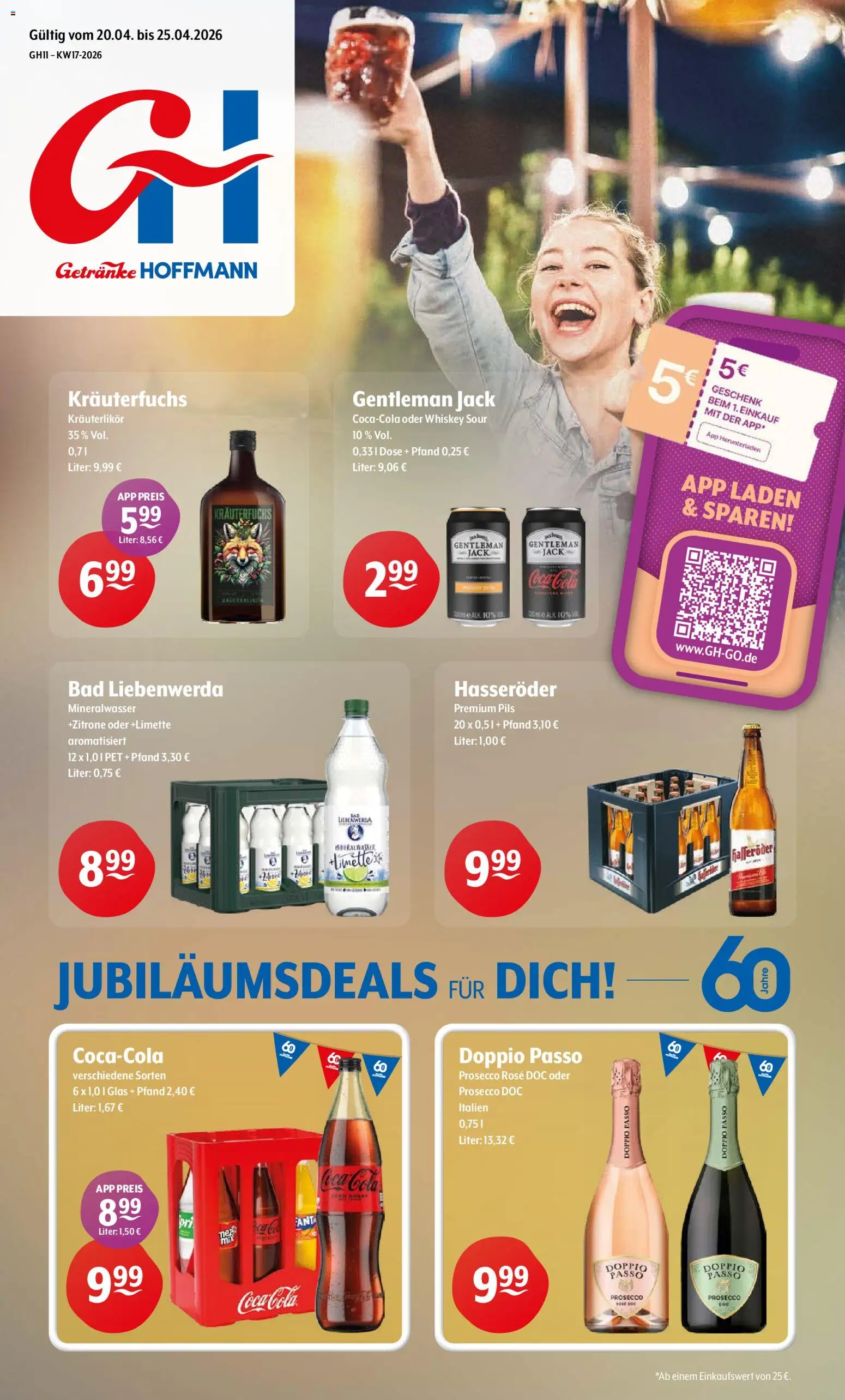Vorschau von dem Prospekt des Geschäftes Getränke Hoffmann, gültig ab dem 20.04.2026 - Coca cola, Bad, Cola, Prosecco, Whiskey, Doppio Passo, Hasseröder, Pils