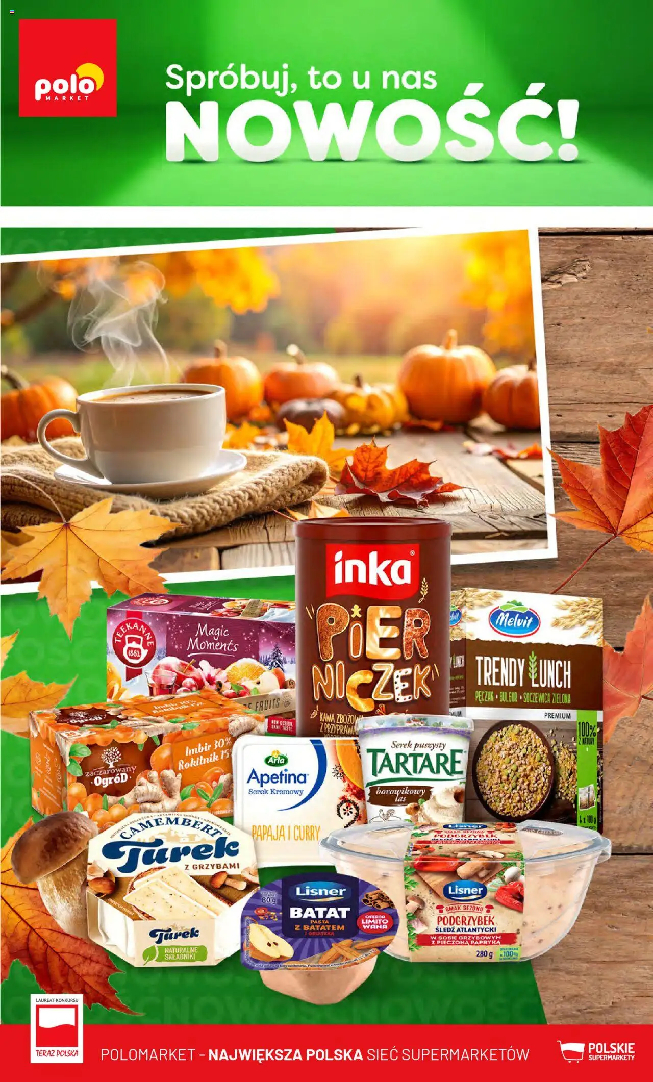 Pogląd gazetki "Nowości" ze sklepu POLOmarket ważnej od 14.10.2025 - Pasta, Curry, Imbir, Soczewica, Śledź, Camembert, Kawa zbożowa, Serek kremowy
