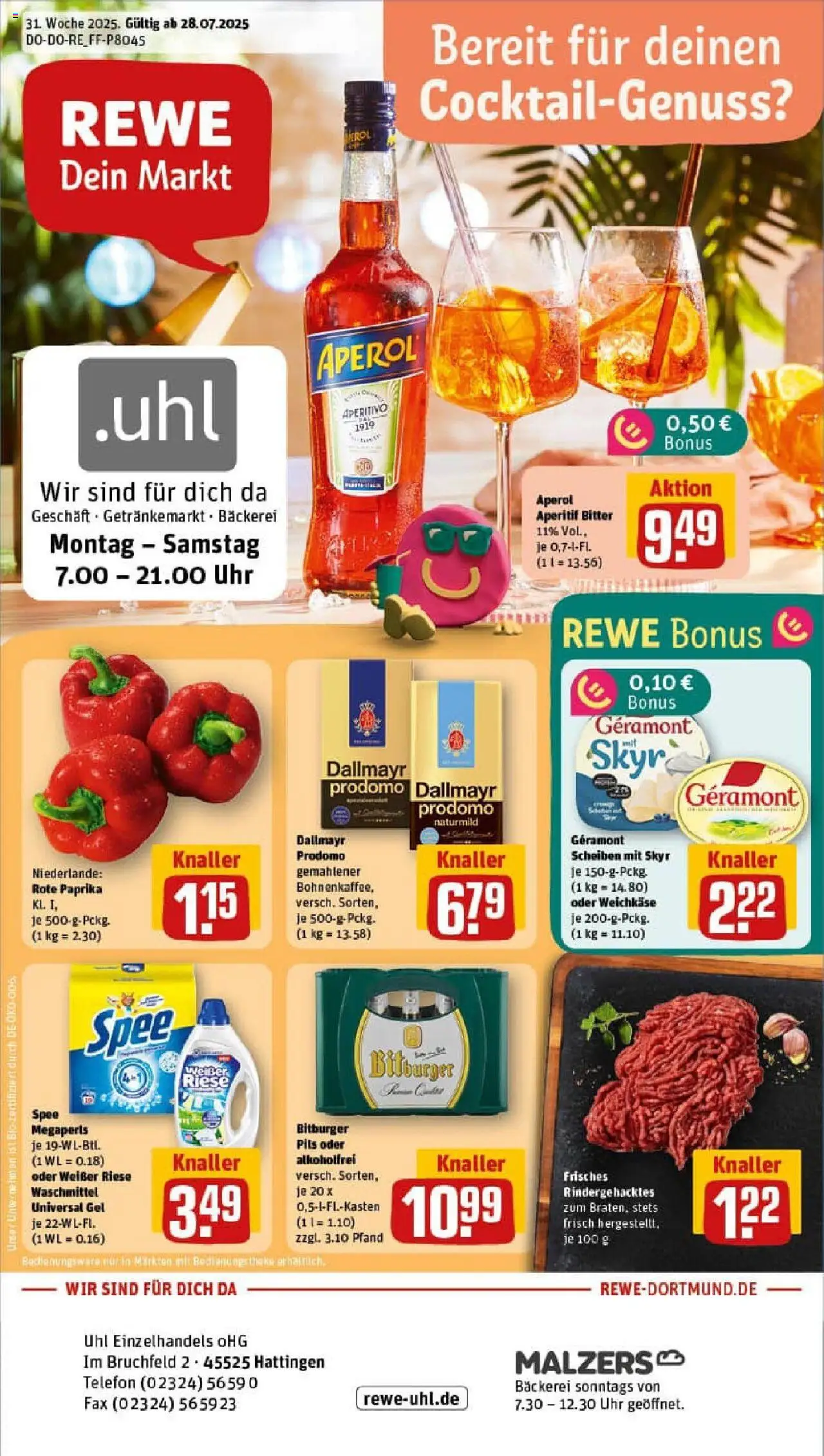REWE Prospekt ab 27.07.2025 nächste Woche - Prospekt Hattingen - Uhr, Aperol, Skyr, Dallmayr, Waschmittel, Dallmayr prodomo, Pils, Rote Paprika