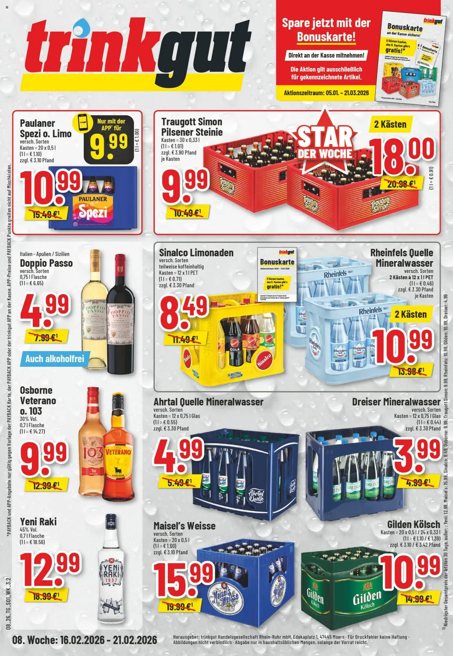 Vorschau von dem Prospekt des Geschäftes Trinkgut, gültig ab dem 16.02.2026 - Cola, Mineralwasser, Paulaner, Doppio Passo, Sinalco, Osborne, Rheinfels quelle