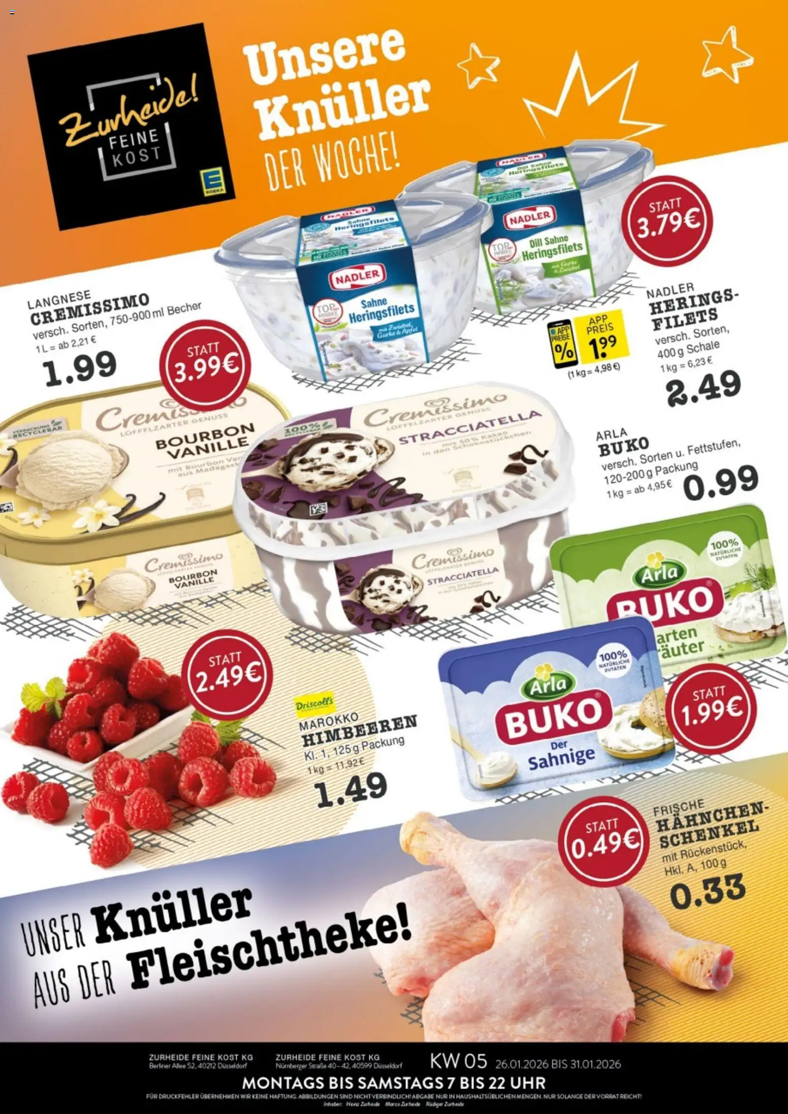 Vorschau von dem Prospekt des Geschäftes Edeka Zurheide, gültig ab dem 26.01.2026 - Himbeeren, Berliner, Dill, Sahne, Vanille, Bourbon, Langnese, Hahnchen