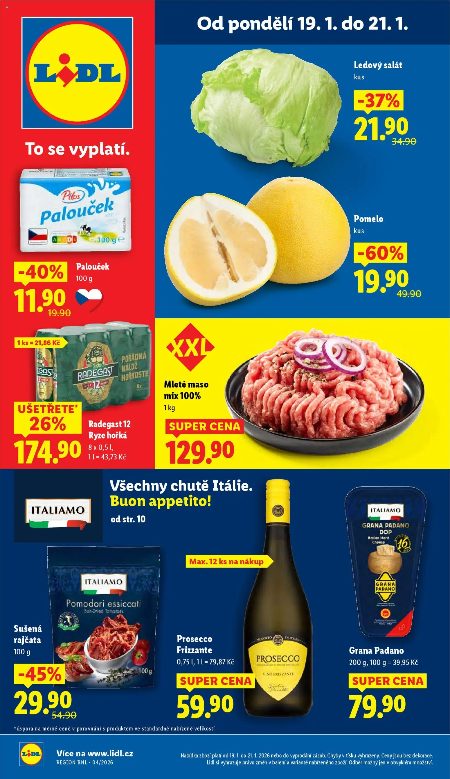 Náhled nabídky: Lidl Leták platný od 19.01.2026 - Prosecco, Víno, Radegast, Frizzante, Radegast 12, Mleté maso, Ledový salát, Sušená rajčata