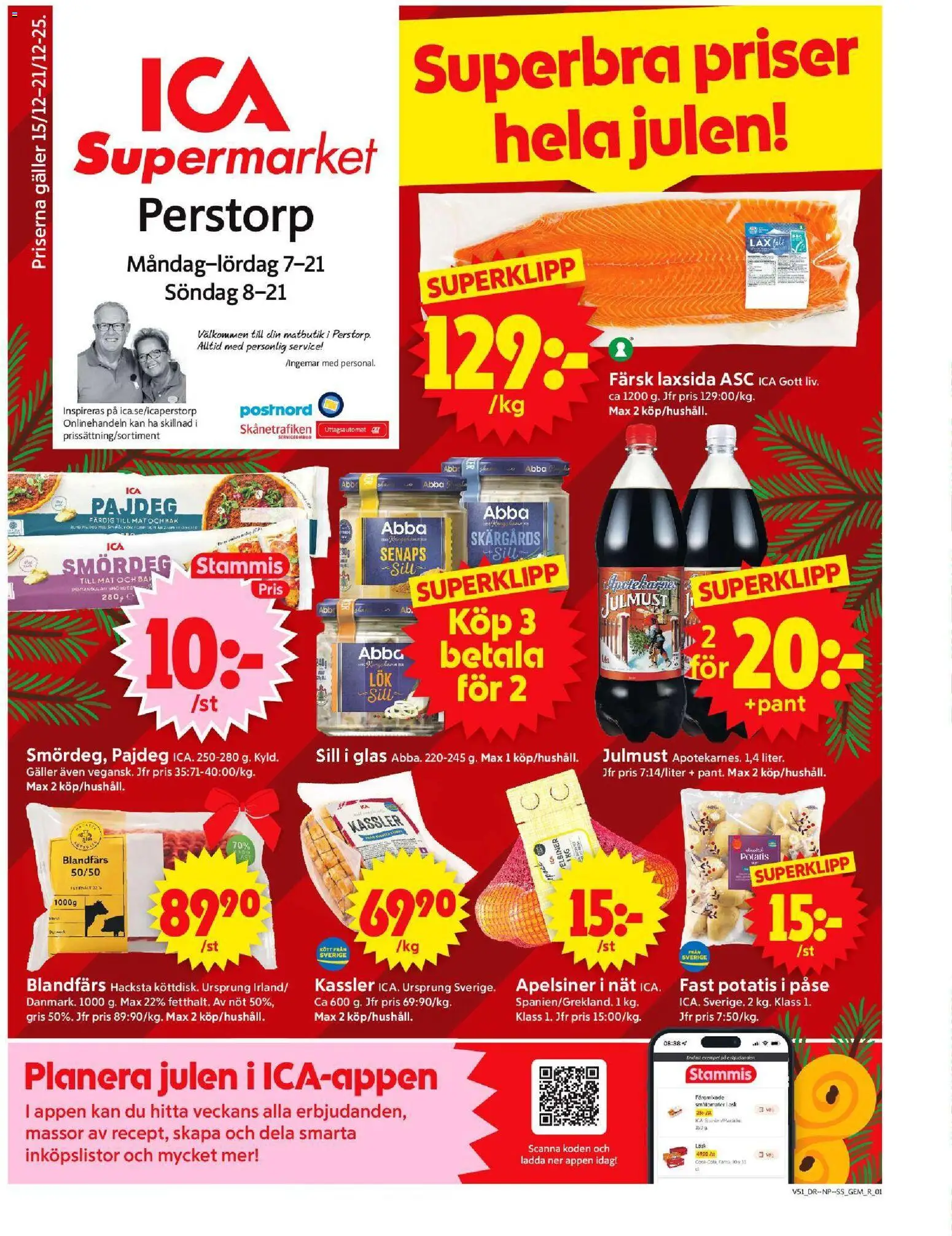 Förhandsgranska reklamblad Perstorp från butik ICA Supermarket gäller från 15/12/2025 - Glas, Lax, Potatis, Sill, Galler, Fanta, Blandfärs, Apelsiner
