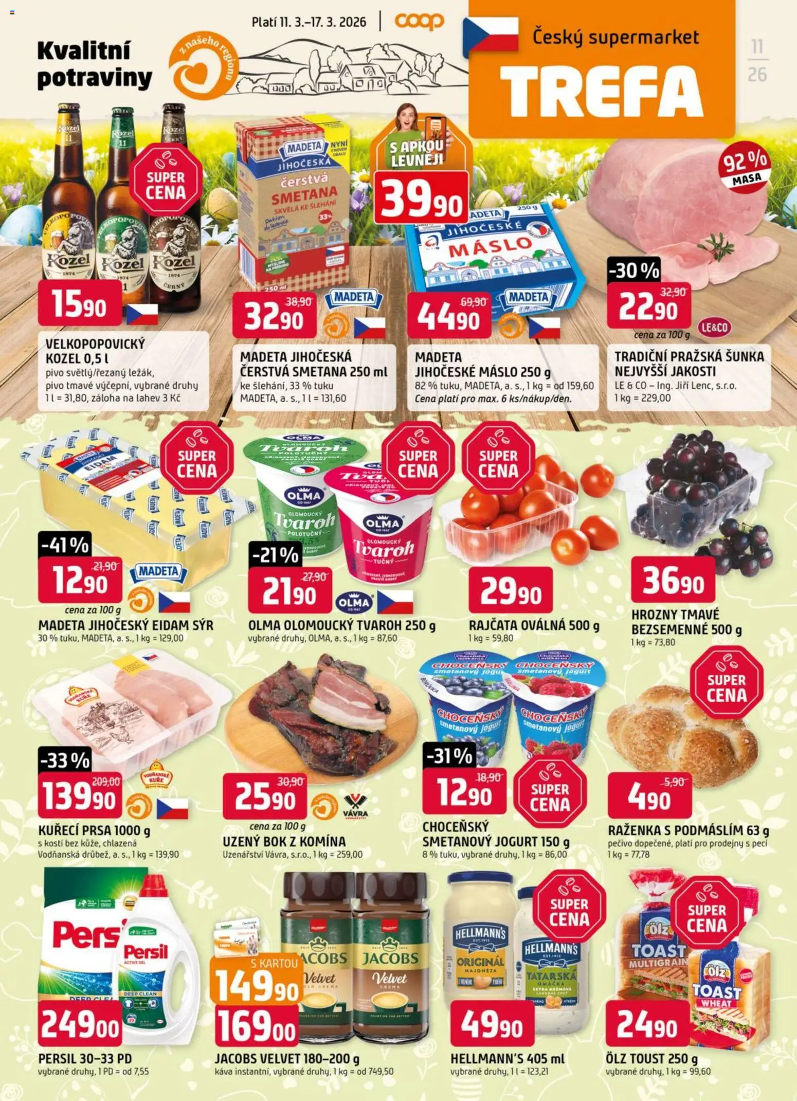 Náhled nabídky: Trefa Trefa leták platný od 11.03.2026 - Kozel, Jogurt, Jacobs, Pražská šunka, Jacobs velvet, Hellmann's, Smetanový jogurt, Máslo 250 g
