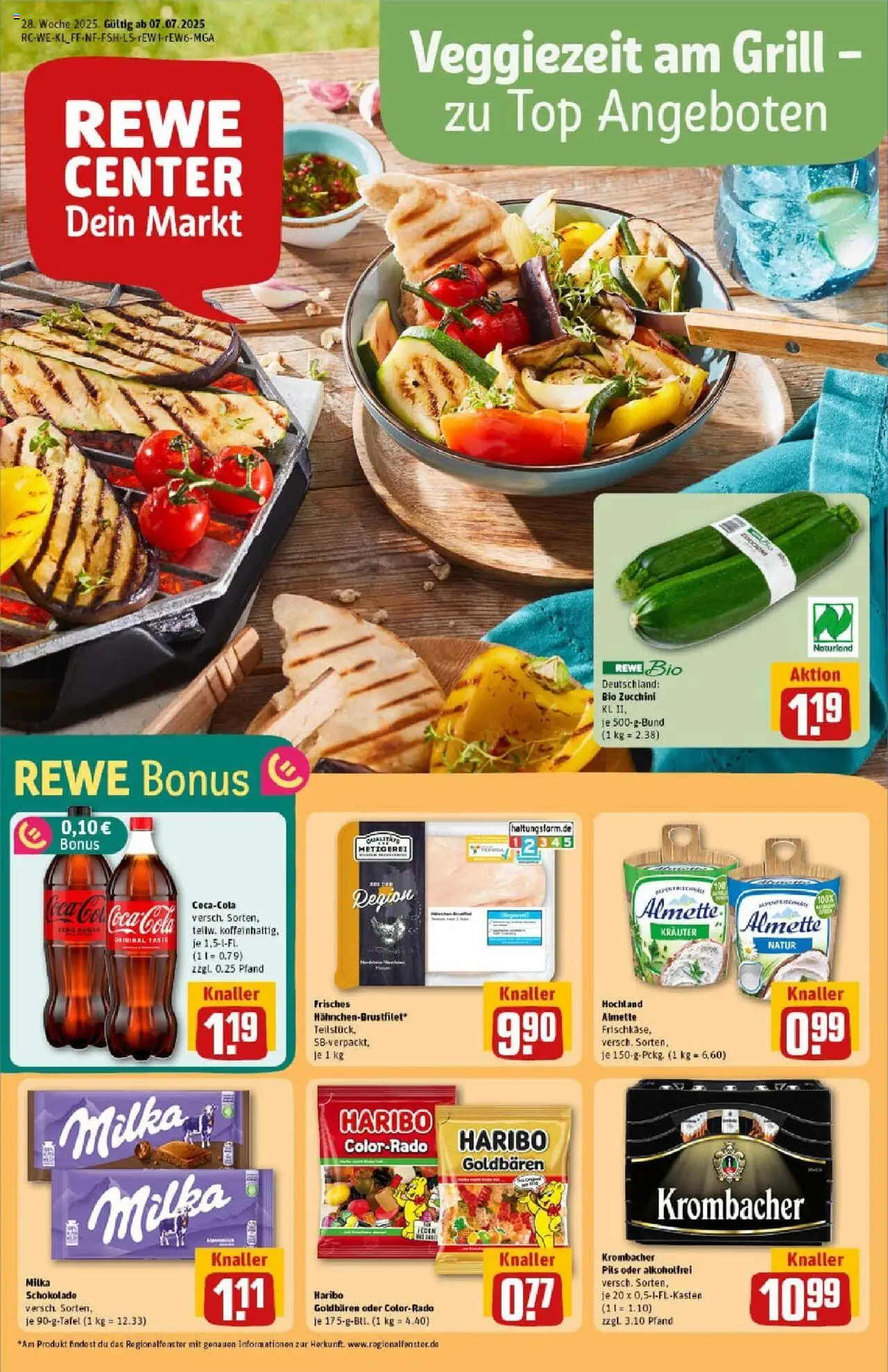 REWE Prospekt ab 06.07.2025 nächste Woche - Prospekt Köln / Weidenpesch - Schokolade, Haribo, Zucchini, Cola, Milka schokolade, Krombacher, Milka, Almette